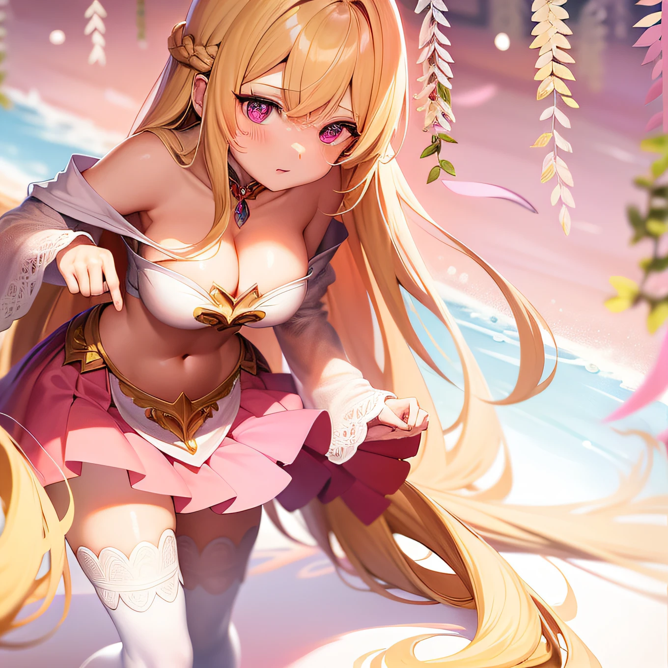 Anime girl with long blonde hair and pink dress, Blonde anime girl with long hair, Beautiful anime girl, Anime goddess, pretty anime girl, beautiful fantasy anime, Splash art anime Loli, Anime princess, cute anime waifu in a nice dress, beautiful anime art style, blond-haired princess，Crop topping，Bigboobs，Lori huge breasts cleavage，cleavage，Side breasts，big breasts exposed cleavage，Superskirt，Skin whitening