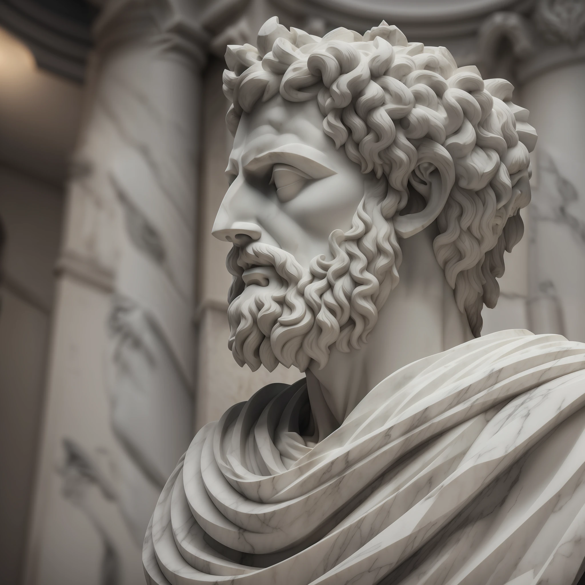 A realistic Greek white marble statue of Marcus Aurelius thoughtful detailed wearing a ghostly toga, fundo neutro, Moody, , fotorrealista, thoughtful movie dinner, super detalhada, hiper realista, luzes brilhantes, 8 K