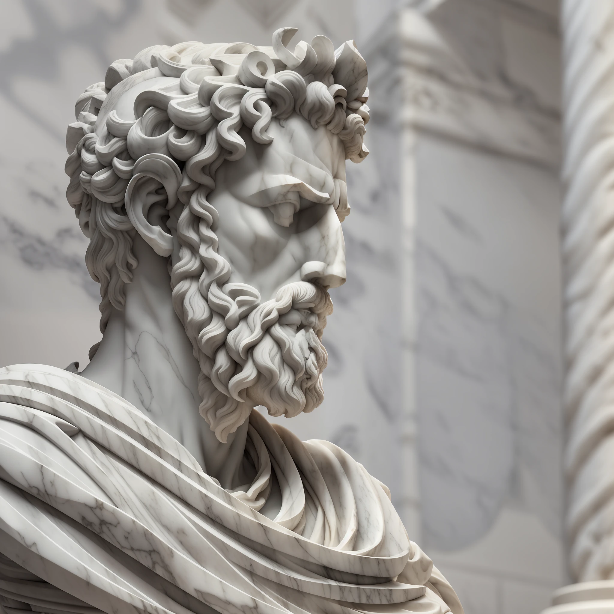 A realistic Greek white marble statue of Marcus Aurelius thoughtful detailed wearing a ghostly toga, fundo neutro, Moody, , fotorrealista, thoughtful movie dinner, super detalhada, hiper realista, luzes brilhantes, 8 K