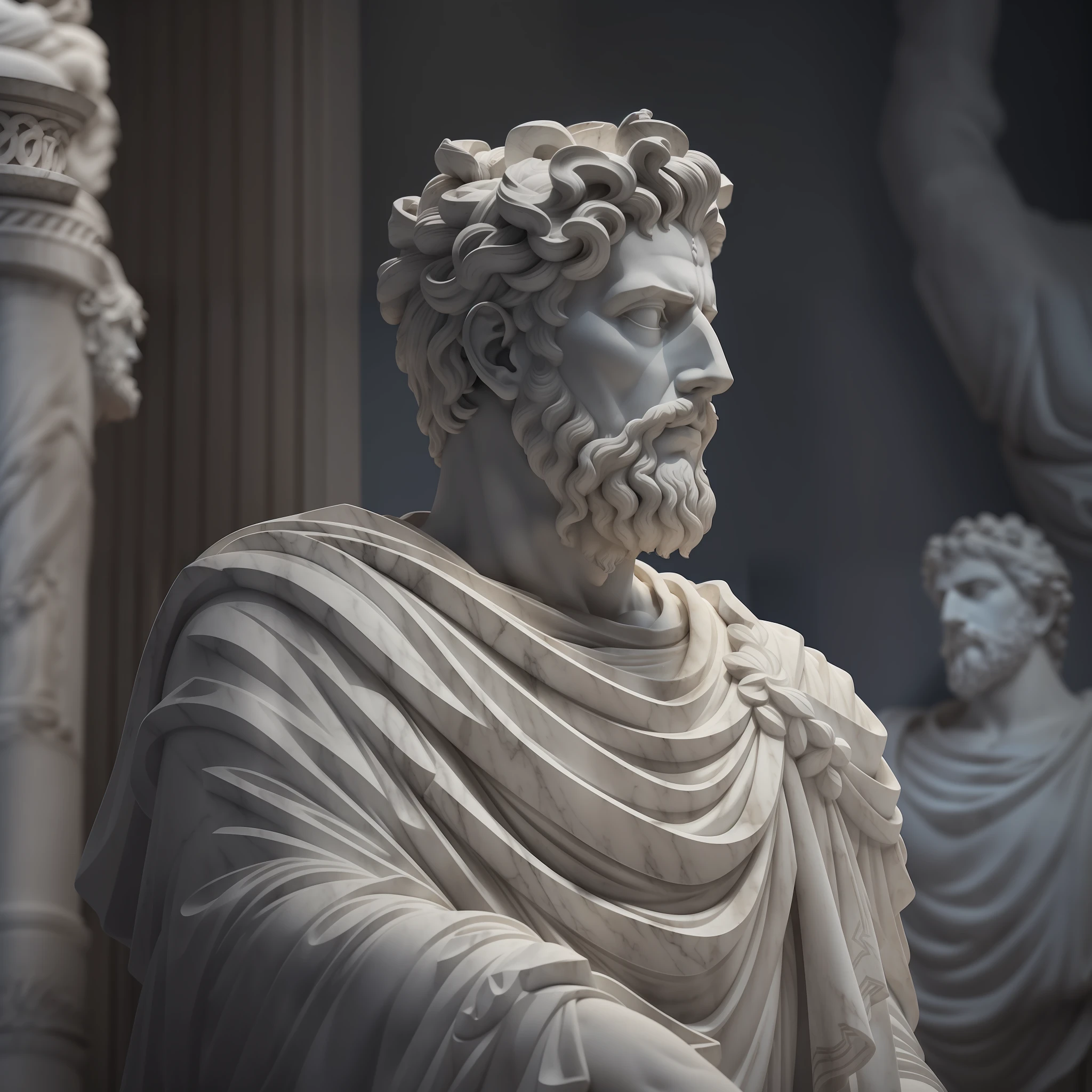 A realistic Greek white marble statue of Marcus Aurelius thoughtful detailed wearing a ghostly toga, fundo neutro, Moody, , fotorrealista, thoughtful movie dinner, super detalhada, hiper realista, luzes brilhantes, 8 K