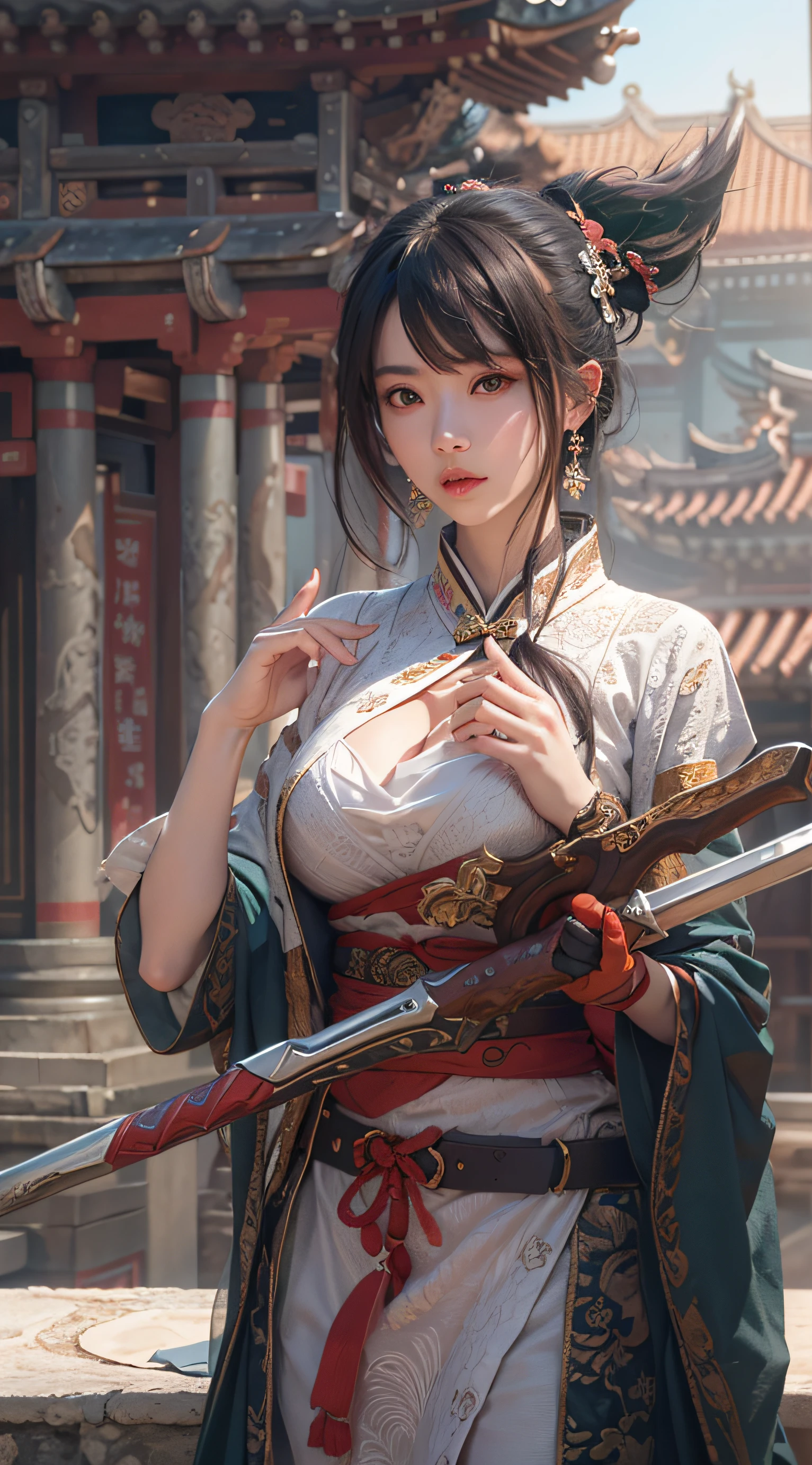 Best quality,masterpiece,ultra high res,(photorealistic:1.4),xiuxian,weapon,Detailed face, 1girl,solo,weapon,cleavage,(magic circle:1.2),xiuxian,upper body,Beautiful girl,full body,huge breasts,east asian architecture,sheath,architecture,