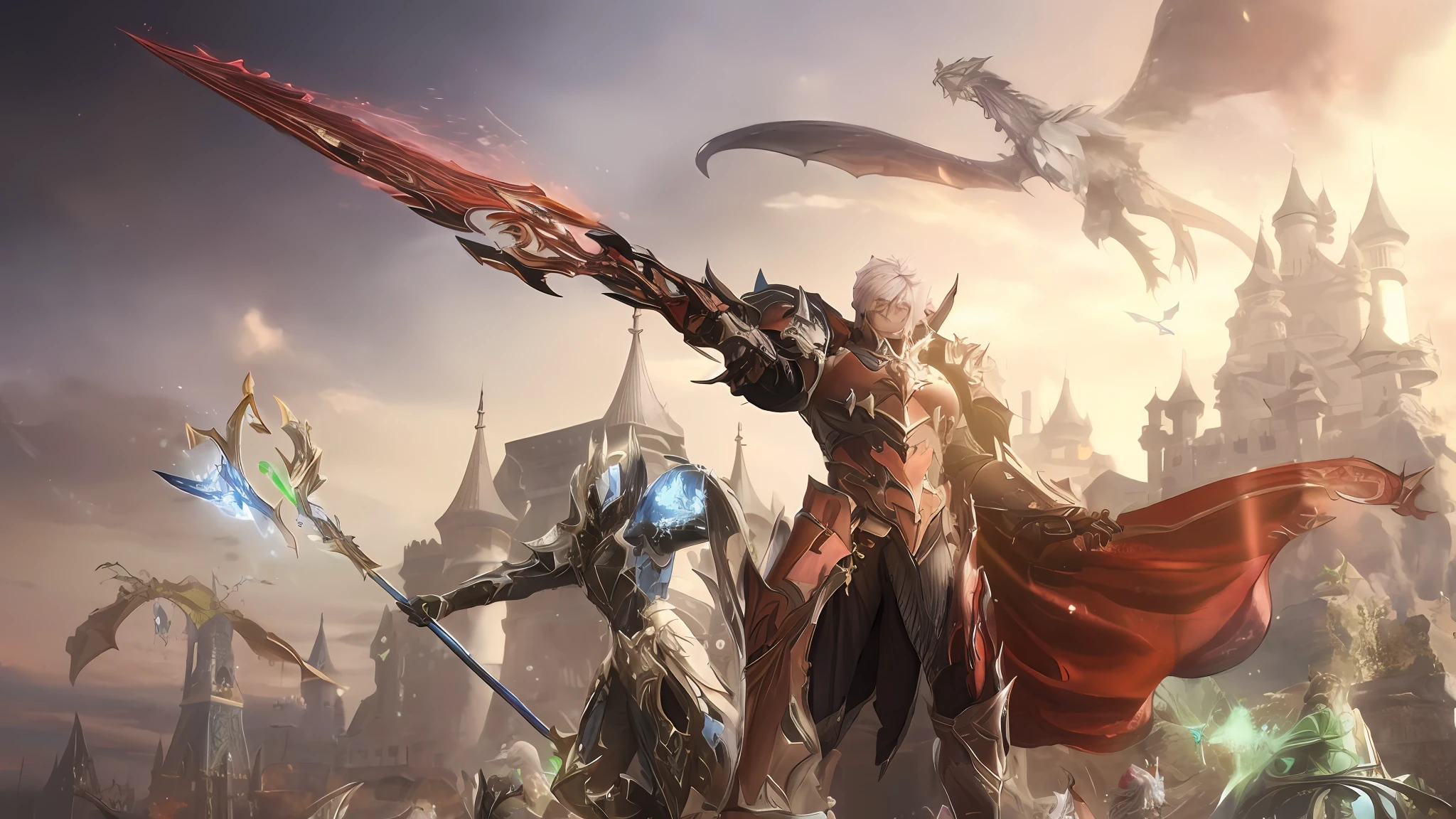 um close up de um grupo de pessoas com espadas e armaduras, Estilo Lineage 2 Revolution, da linhagem 2, por Yang J, MMORPG Fantasia, Aion, Da NCSOFT, amazing mmorpg, MMORPG coreano, Jogo CG, <Cena MMORPGS, MMORPG, 2. 5 d cgi anime fantasia arte, MMO de fantasia, ffxiv heavensward, epic fantasy game art