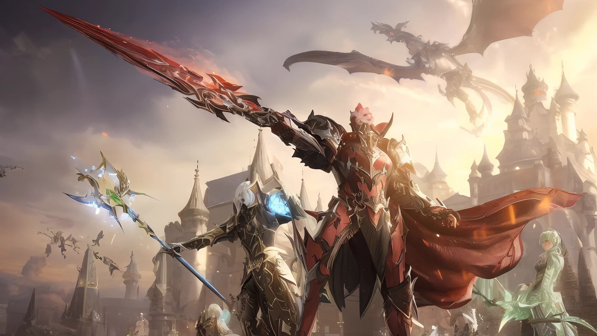 um close up de um grupo de pessoas com espadas e armaduras, Estilo Lineage 2 Revolution, da linhagem 2, por Yang J, MMORPG Fantasia, Aion, Da NCSOFT, amazing mmorpg, MMORPG coreano, Jogo CG, <Cena MMORPGS, MMORPG, 2. 5 d cgi anime fantasia arte, MMO de fantasia, ffxiv heavensward, epic fantasy game art