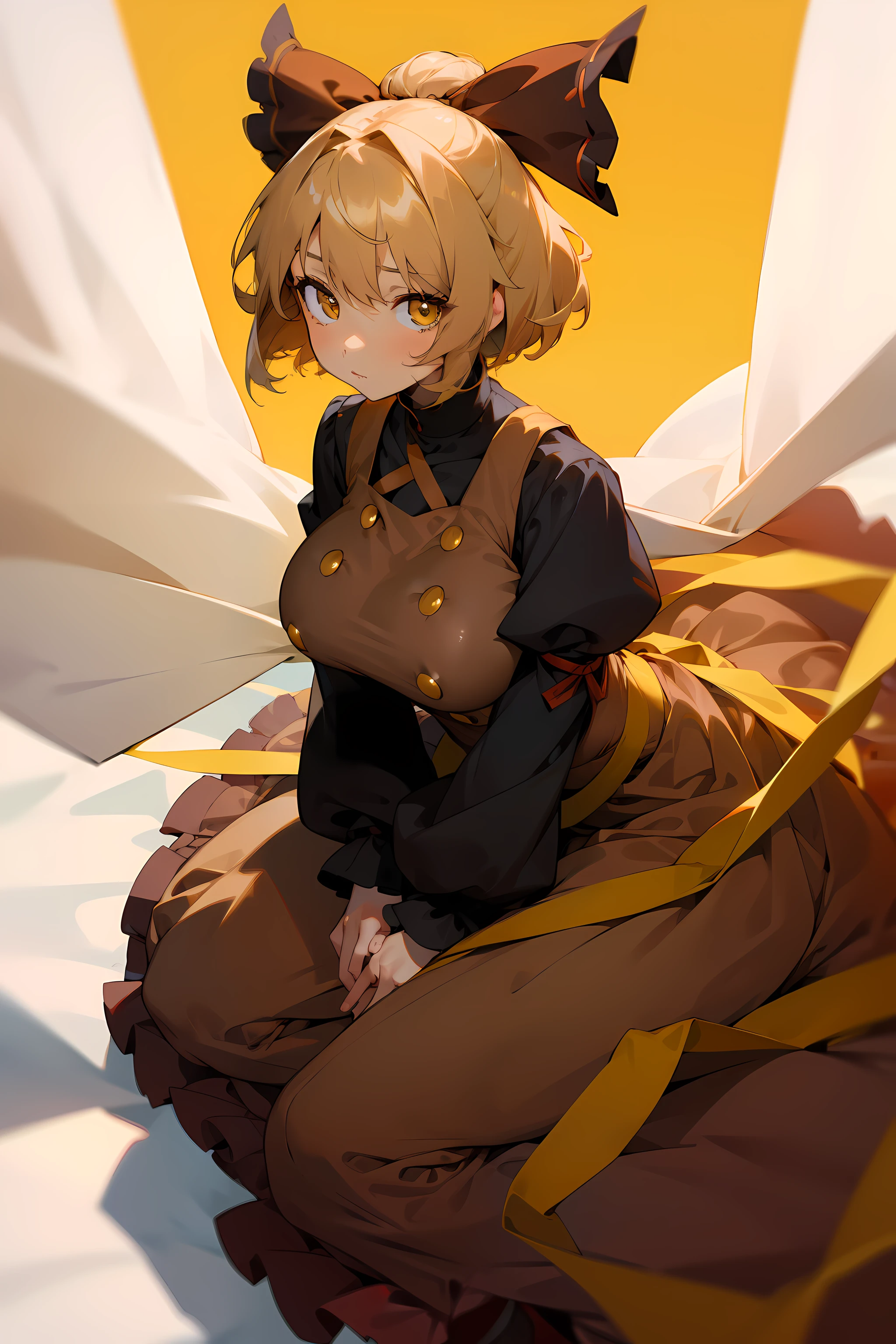 (masterpiece),best quality, expressive eyes, perfect face, 1girl,
big breast, H-cup, good breast, beautiful, gorgeous,anime,girl,lora, floating clothes,w sitting, w sitting on ground, legs on ground, short hair, yellow eyes, leaf hair ornament,red shirt,skirt,long sleeves,curtain chest ,hands on hips, hands on waist,kurodani yamame,
hair bow,
yellow eyes,
brown dress,
long sleeves,
silk,
spider web,