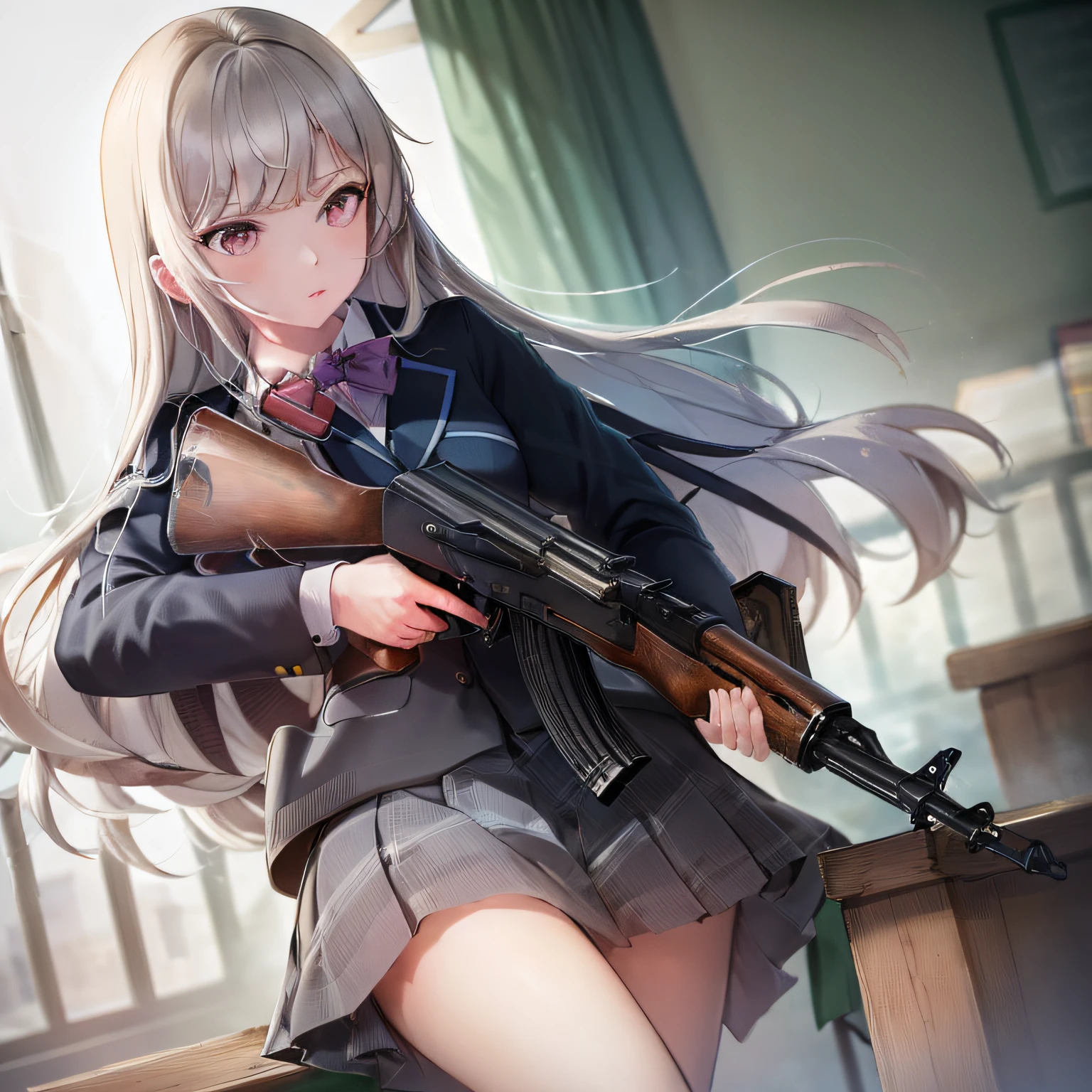 masterpiece, best quality, high resolution, extremely detailed CG,  1girl, school uniform, holding gun, ak-47, akm, assault rifle, kalashnikov rifle, (aiming:1.2), finger on trigger,