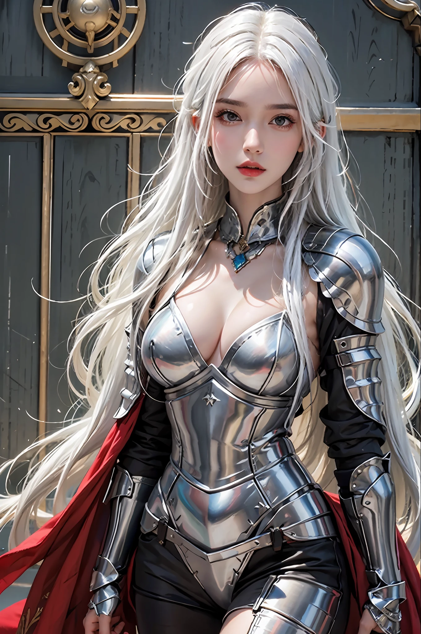 photorealistic, high resolution, 1women, solo, hips up, look at viewer, (detailed face), white hair, long hair, knight armor
