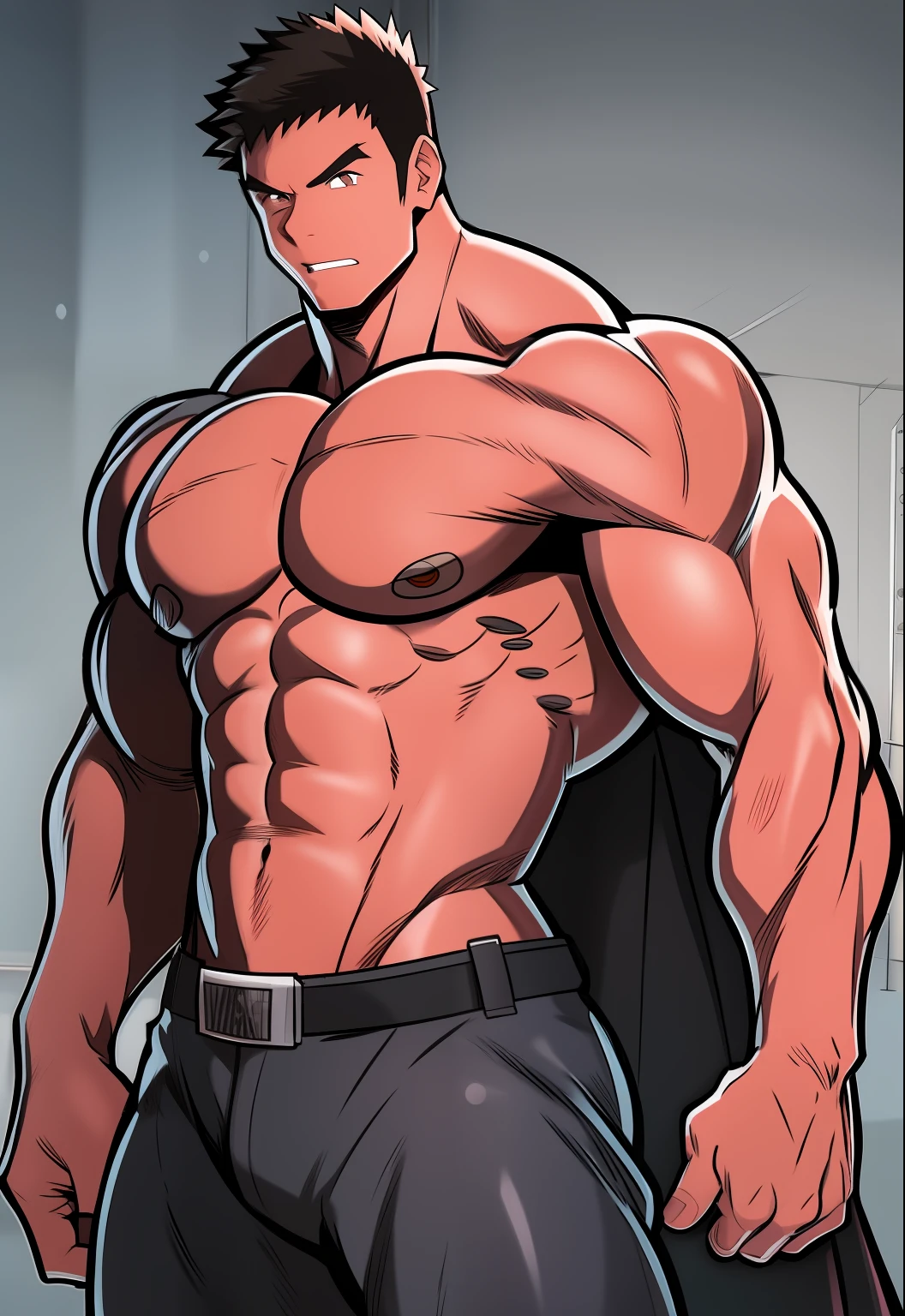 um close up de um desenho animado de um homem com um olho branco, muscular character, superhero body, exaggerated muscle physique, corpo do fisiculturista, muscular male hero, silhueta forte, tipo de corpo muscular, figura masculina musculosa, figura muscular, personagens musculosos, figura muscular masculina, corpo negro, exaggerated muscles, slender and muscular build, conceito de corpo inteiro, Bowed muscles;