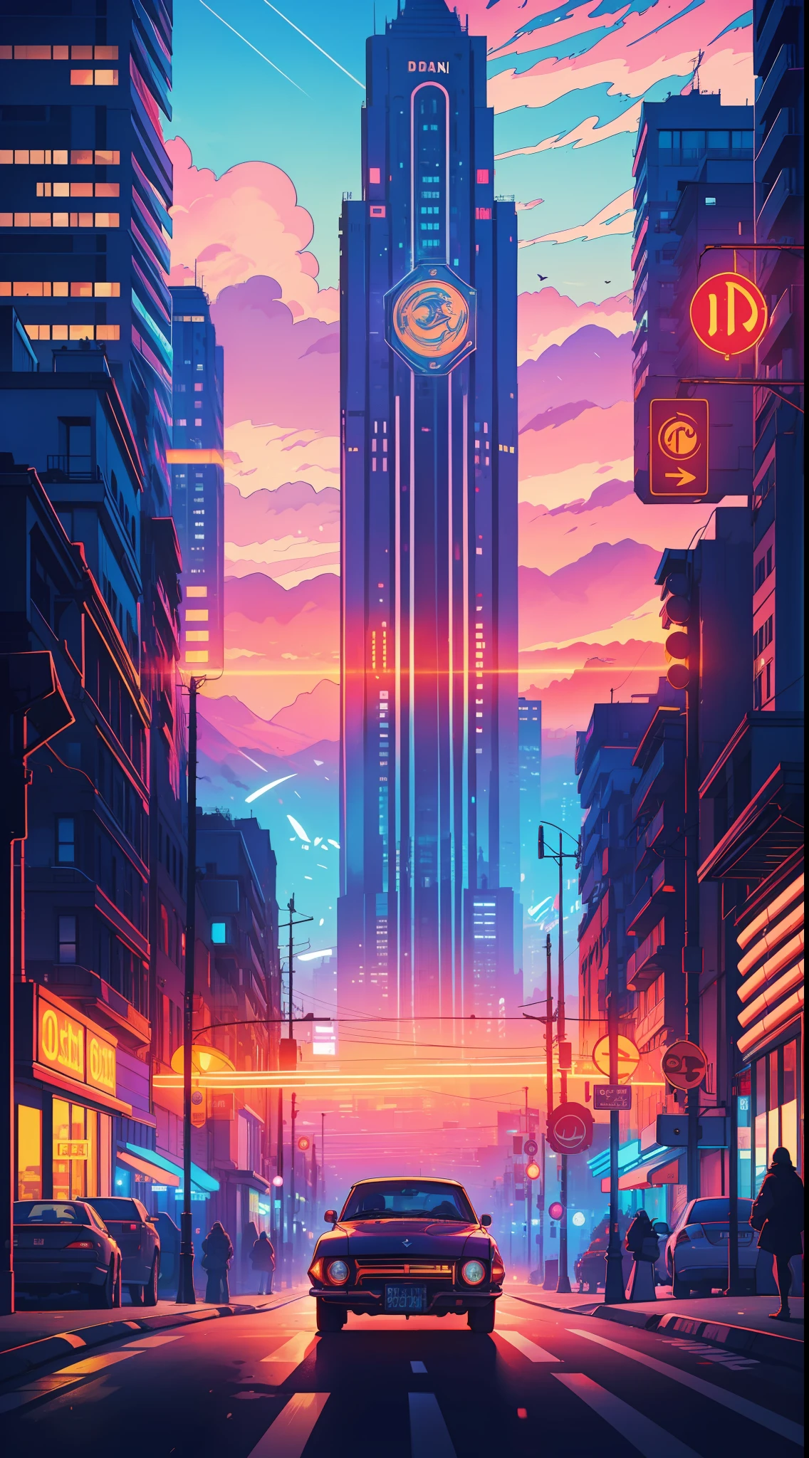 ((obra-prima)) a car that is passing by the street in the city, arte vetorial altamente detalhada, art deco outrun anime aesthestic, Dan Mumford. octan render, No estilo de arte de Dan Mumford, in illustration style digital, Directed by: Jason Benjamin, Retro illustration, inspirado em Tim Doyle, Dan Mumford. 8K octane rendering, Directed by: Kilian Eng, commercial illustration
