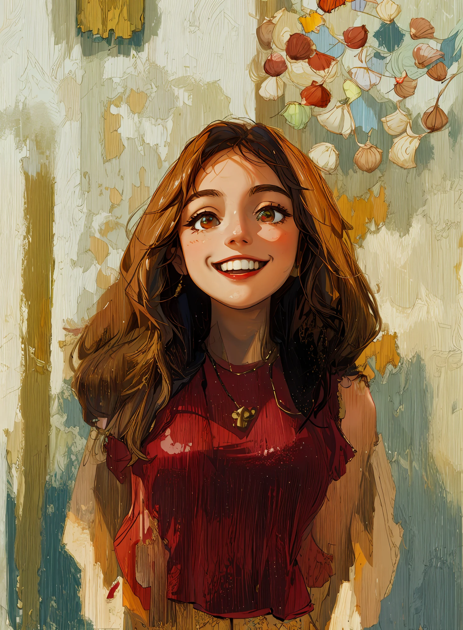 Masterpiece, best quality, painting in style of villard, an Italian girl standing in front of her souvenir shop, smiling, long russet hair, red T-shirt, shell necklace, sleeveless vest, plump chest