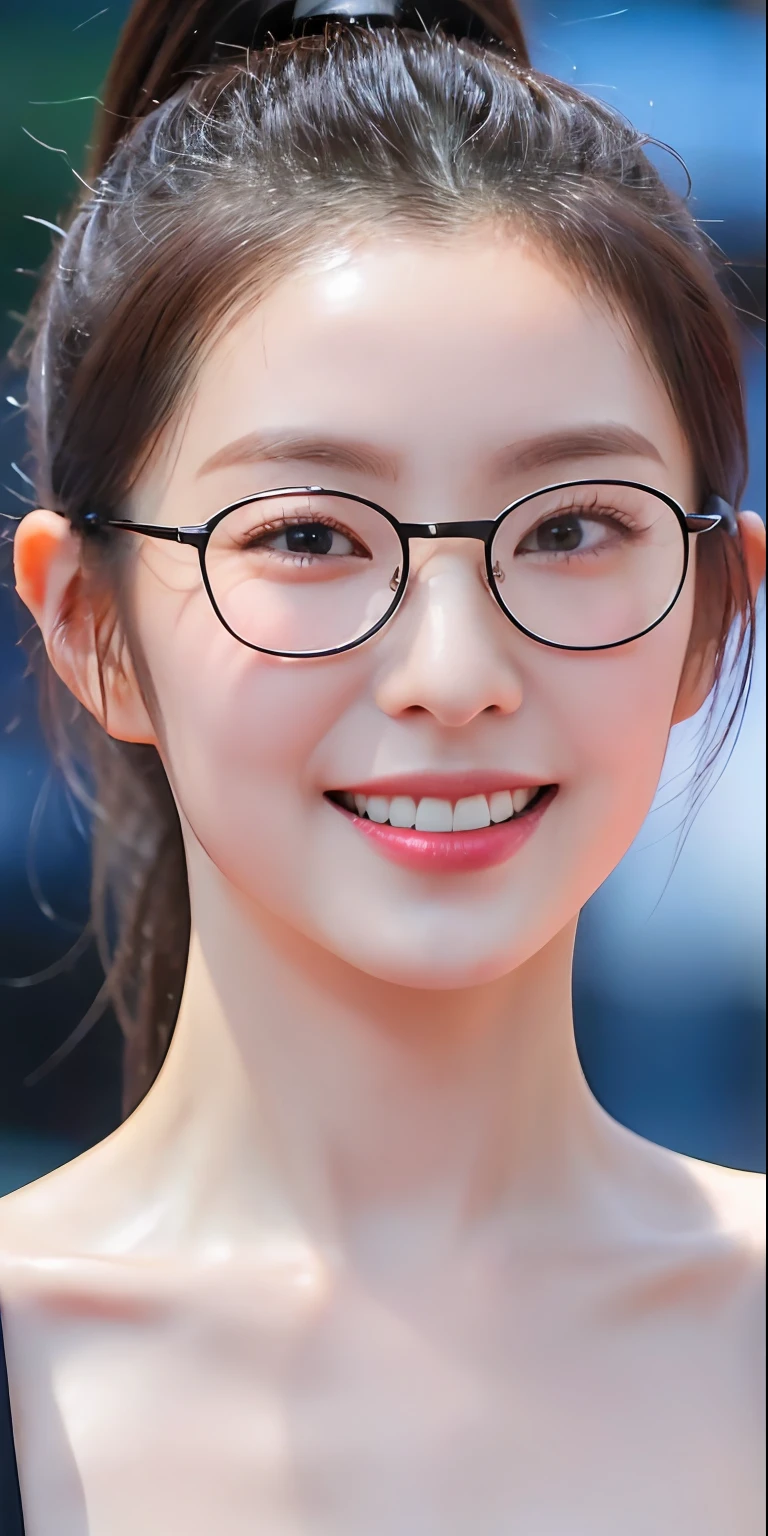 ((Best Quality, 8K, Masterpiece: 1.3)), Sharp Focus: 1.2, A Beautiful Woman with Perfect Figure: 1.4, Slim Abs: 1.2, (dark brown hair, ponytail: 1.2)), (naked, glasses), (Street), Highly Detailed Face and Skin Texture, Detailed Eyes, Double Eyelids, Big Breasts, Smile, selfie