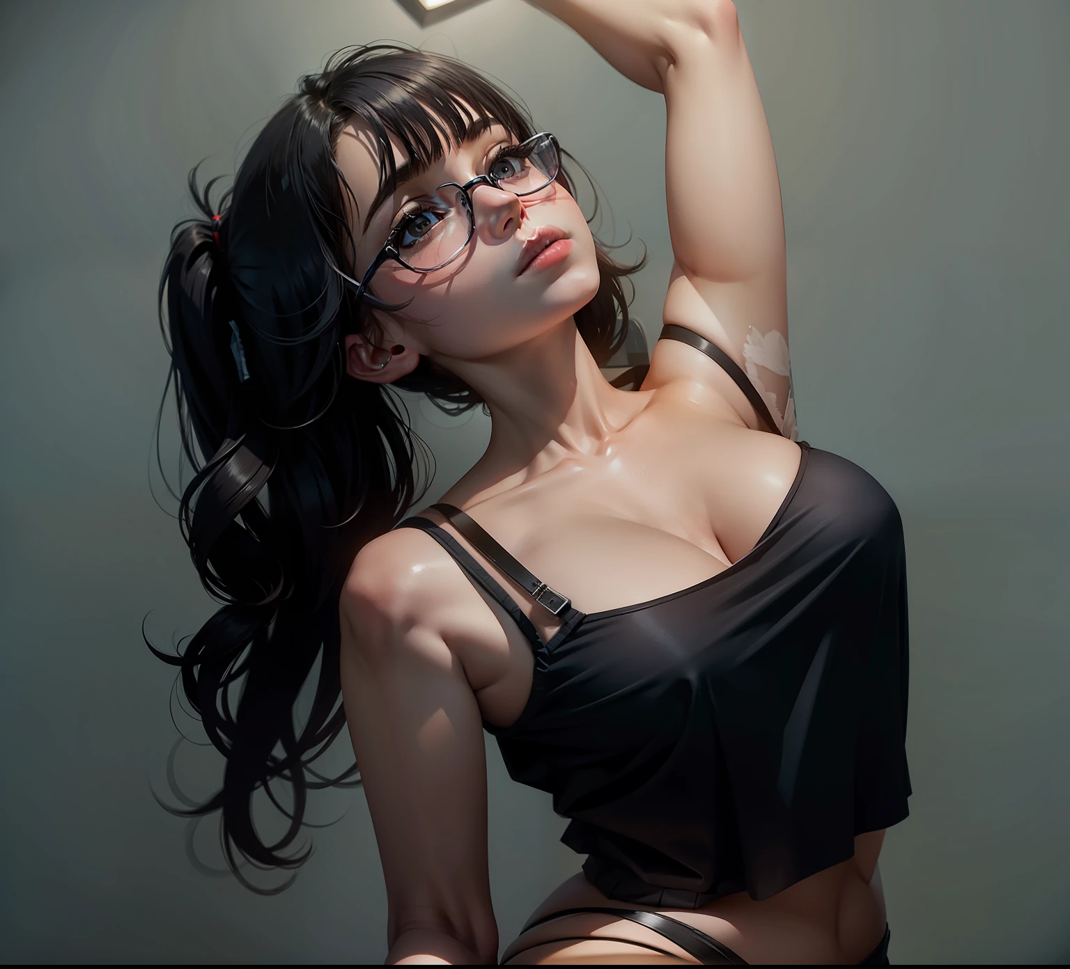 sittinng on the desk,Keep the face,Small breasts,black lence stockings,short skirt