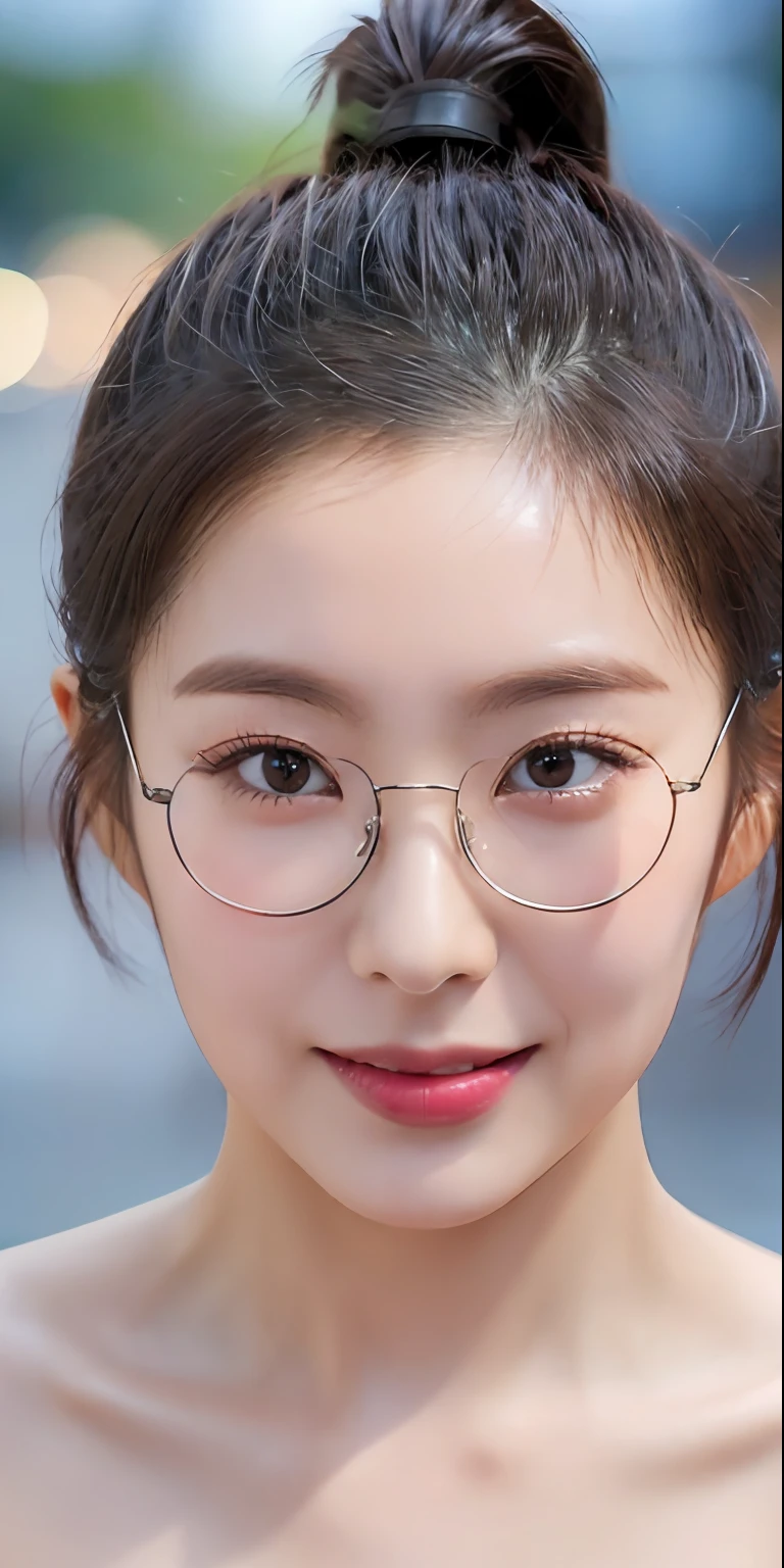 ((Best Quality, 8K, Masterpiece: 1.3)), Sharp Focus: 1.2, A Beautiful Woman with Perfect Figure: 1.4, Slim Abs: 1.2, (dark brown hair, ponytail: 1.2)), (naked, glasses), (Street), Highly Detailed Face and Skin Texture, Detailed Eyes, Double Eyelids, Big Breasts, Smile, selfie