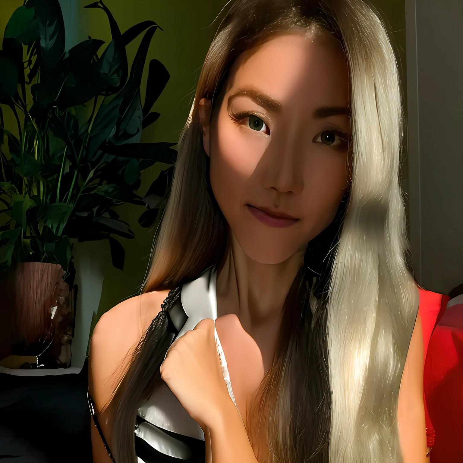A 30-year-old woman,Realiy,long whitr hair,long leges,G-cup,Wear sexy black lingerie,self-shot,onbed,Eyes are confused