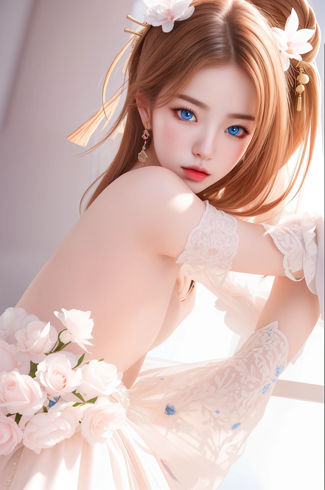 (hyperrealistic), (illustration), (high resolution), (8K), (extremely detailed), (best illustration), (beautiful detailed eyes), (best quality), (ultra-detailed), (masterpiece), (wallpaper), (photorealistic:1.4), (natural light), (rim lighting), (detailed face), high detailed realistic skin texture, anatomically correct, solo, 1 girl, (high detailed realistic long hair:1.25), (beautiful Rosy Zhao:1.5), (beautiful cute European girl:1.7), heterochromic eyes, (detailed blue eyes), small moles under the eyes, (big breasts:1.5), long legs, tight abs, dynamic pose,