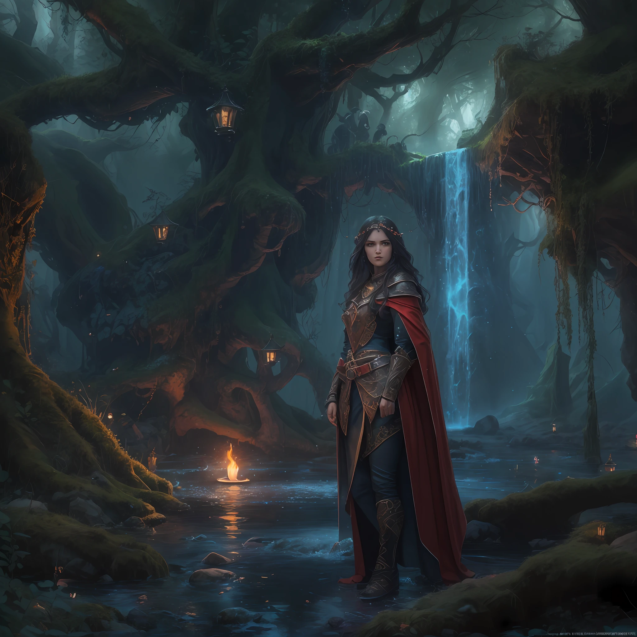 high details, best quality, 8k, [ultra detailed], masterpiece, best quality, (extremely detailed), ultra wide shot, photorealistic, fantasy art, dnd art, rpg art, realistic art, an ultra wide picture of human female (intense details, Masterpiece, best details: 1.5) in underground druid grove casting a spell, red magical light (intense details, Masterpiece, best details: 1.5), wearing leather armor (intense details, Masterpiece, best details: 1.5), wearing cloak (intense details, Masterpiece, best details: 1.5), wearing  boots, holy symbol, blue light from symbol, dynamic hair, intense eyes, dynamic eyes, D&D human female (intense details, Masterpiece, best details: 1.5), black hair, long hair, fantasy [underground] (intense details, Masterpiece, best details: 1.5), druid grove, water fall details, rich fantasy underground life details (intense details, Masterpiece, best details: 1.5) ,stone pillars animals, water springs, soft  candle light, dynamic light (intense details, Masterpiece, best details: 1.5), fungi in the background, celestial background, ((divine worship atmosphere)), high details, best quality, highres, ultra wide angle