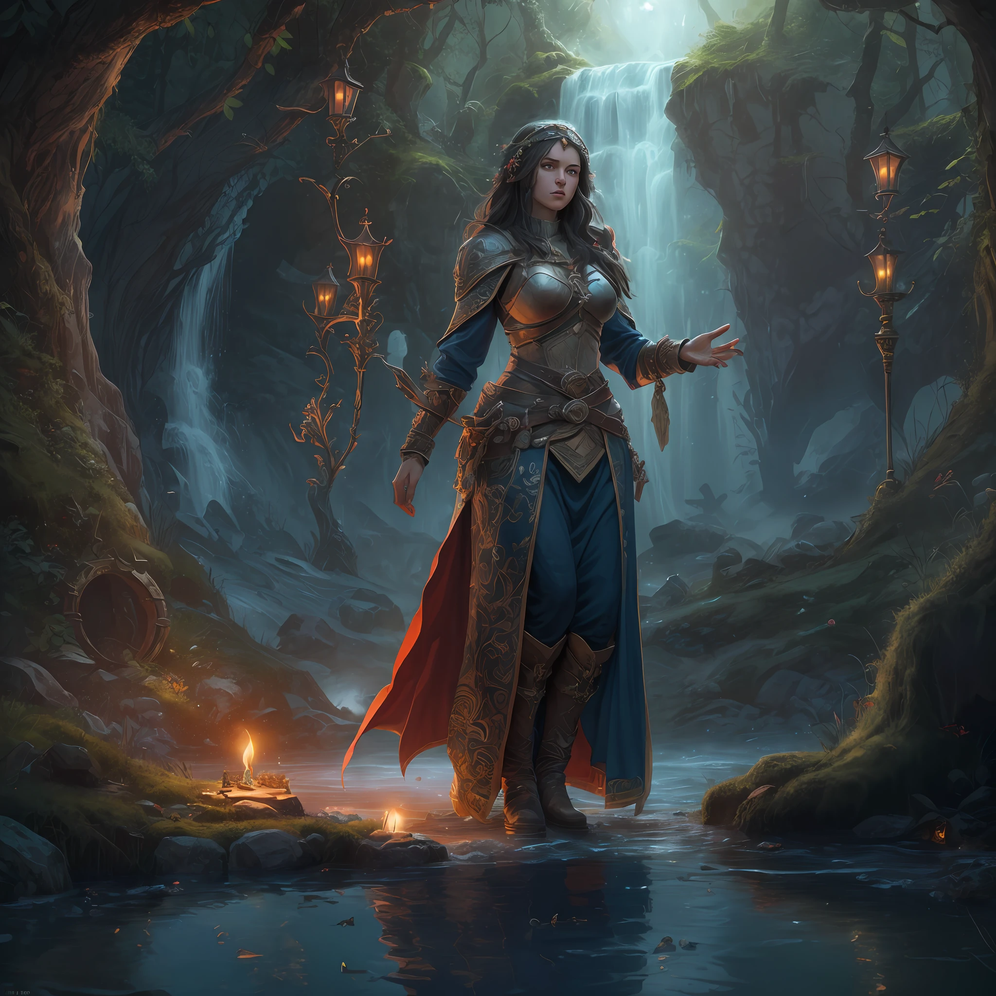 high details, best quality, 8k, [ultra detailed], masterpiece, best quality, (extremely detailed), ultra wide shot, photorealistic, fantasy art, dnd art, rpg art, realistic art, an ultra wide picture of human female (intense details, Masterpiece, best details: 1.5) in underground druid grove casting a spell, red magical light (intense details, Masterpiece, best details: 1.5), wearing leather armor (intense details, Masterpiece, best details: 1.5), wearing cloak (intense details, Masterpiece, best details: 1.5), wearing  boots, holy symbol, blue light from symbol, dynamic hair, intense eyes, dynamic eyes, D&D human female (intense details, Masterpiece, best details: 1.5), black hair, long hair, fantasy [underground] (intense details, Masterpiece, best details: 1.5), druid grove, water fall details, rich fantasy underground life details (intense details, Masterpiece, best details: 1.5) ,stone pillars animals, water springs, soft  candle light, dynamic light (intense details, Masterpiece, best details: 1.5), fungi in the background, celestial background, ((divine worship atmosphere)), high details, best quality, highres, ultra wide angle
