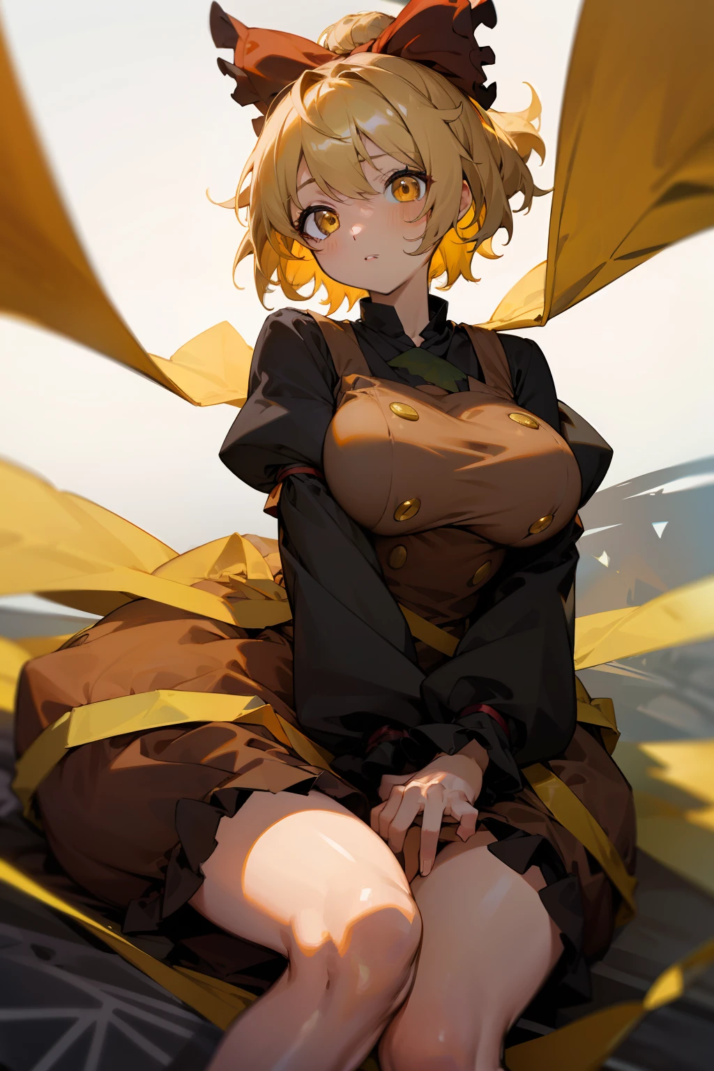 (masterpiece),best quality, expressive eyes, perfect face, 1girl,
big breast, H-cup, good breast, beautiful, gorgeous,anime,girl,lora, floating clothes,w sitting, w sitting on ground, legs on ground, short hair, yellow eyes, leaf hair ornament,red shirt,skirt,long sleeves,curtain chest ,hands on hips, hands on waist,kurodani yamame,
hair bow,
yellow eyes,
brown dress,
long sleeves,
silk,
spider web,