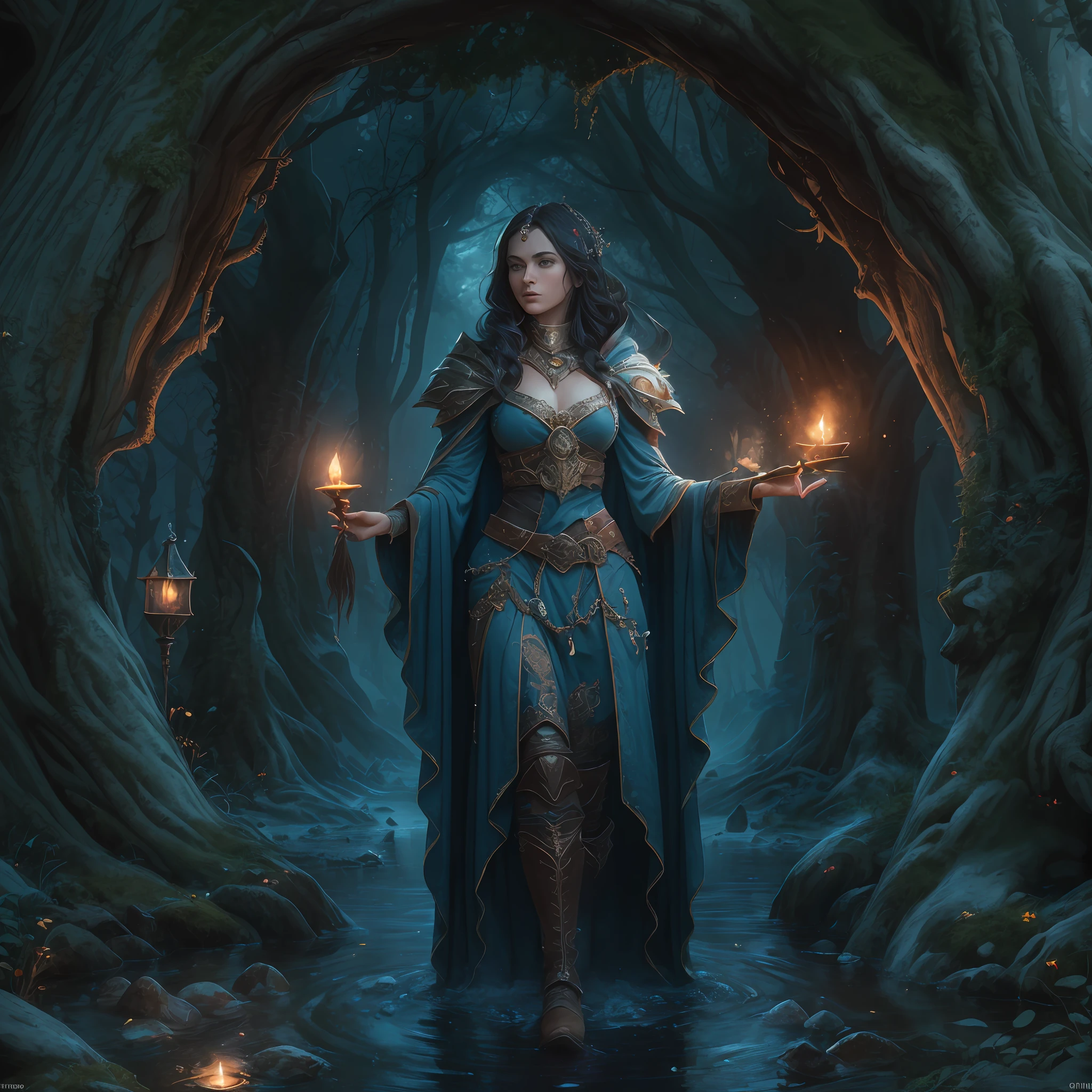 high details, best quality, 8k, [ultra detailed], masterpiece, best quality, (extremely detailed), ultra wide shot, photorealistic, fantasy art, dnd art, rpg art, realistic art, an ultra wide picture of human female (intense details, Masterpiece, best details: 1.5) in underground druid grove casting a spell, red magical light (intense details, Masterpiece, best details: 1.5), wearing leather armor (intense details, Masterpiece, best details: 1.5), wearing cloak (intense details, Masterpiece, best details: 1.5), wearing  boots, holy symbol, blue light from symbol, dynamic hair, intense eyes, dynamic eyes, D&D human female (intense details, Masterpiece, best details: 1.5), black hair, long hair, fantasy [underground] (intense details, Masterpiece, best details: 1.5), druid grove, water fall details, rich fantasy underground life details (intense details, Masterpiece, best details: 1.5) ,stone pillars animals, water springs, soft  candle light, dynamic light (intense details, Masterpiece, best details: 1.5), fungi in the background, celestial background, ((divine worship atmosphere)), high details, best quality, highres, ultra wide angle