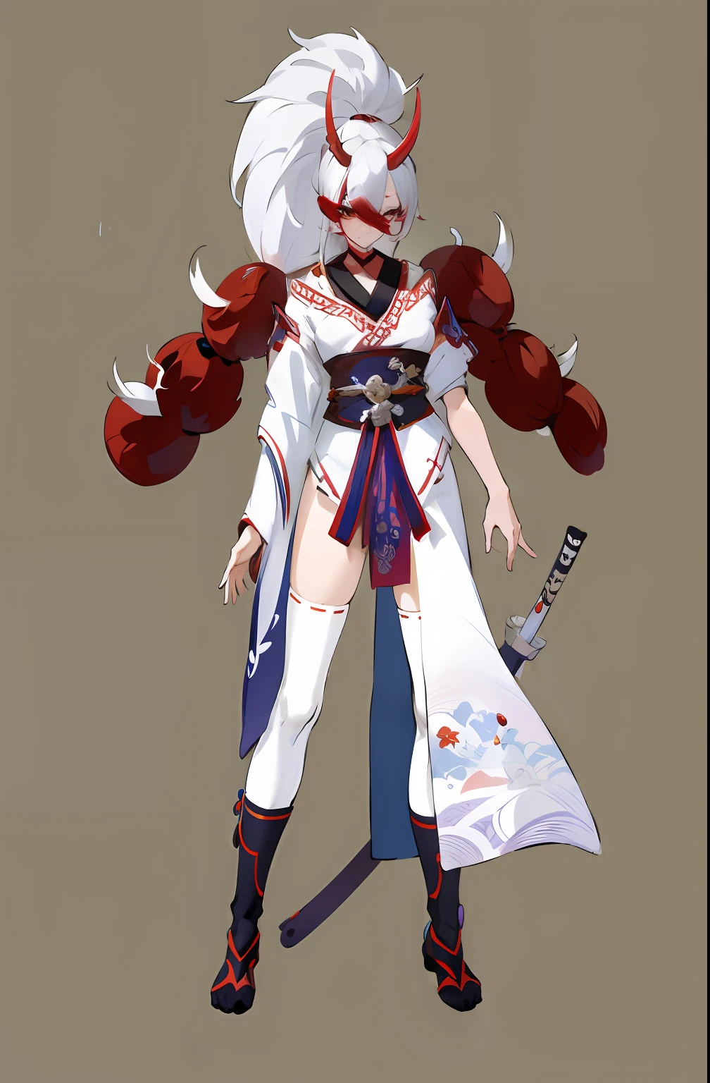 Anime characters with long white hair and red and white costumes, full body concept, Onmyoji detailed art, onmyoji, detailed full-body concept, interesting character design, detailed full body concept art, full body concept art, anime full body illustration, white and blood color scheme, Anime character design, demon noble character design, beautiful full-body concept art