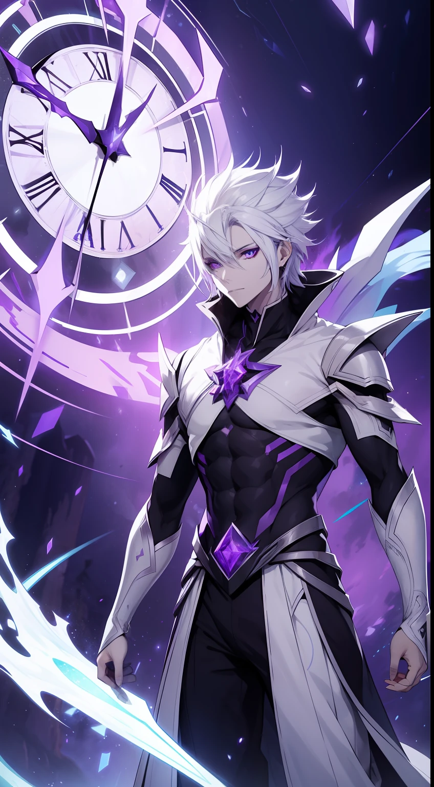 humanoid male creature with full white skin wearing purple sorcerer clothes and purple shards aura and back giant clock magic, purple shining eyes