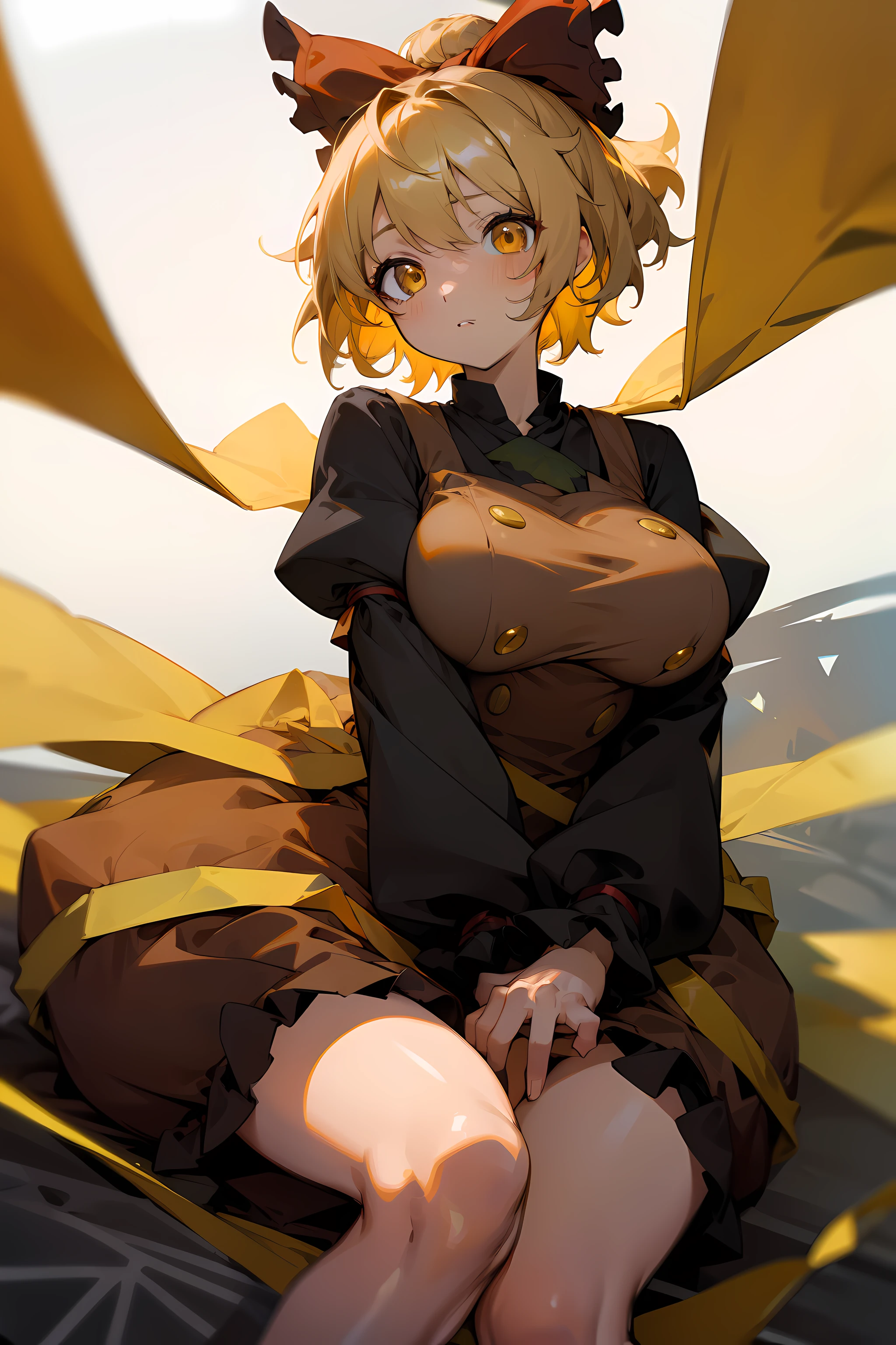 (masterpiece),best quality, expressive eyes, perfect face, 1girl,
big breast, H-cup, good breast, beautiful, gorgeous,anime,girl,lora, floating clothes,w sitting, w sitting on ground, legs on ground, short hair, yellow eyes, leaf hair ornament,red shirt,skirt,long sleeves,curtain chest ,hands on hips, hands on waist,kurodani yamame,
hair bow,
yellow eyes,
brown dress,
long sleeves,
silk,
spider web,