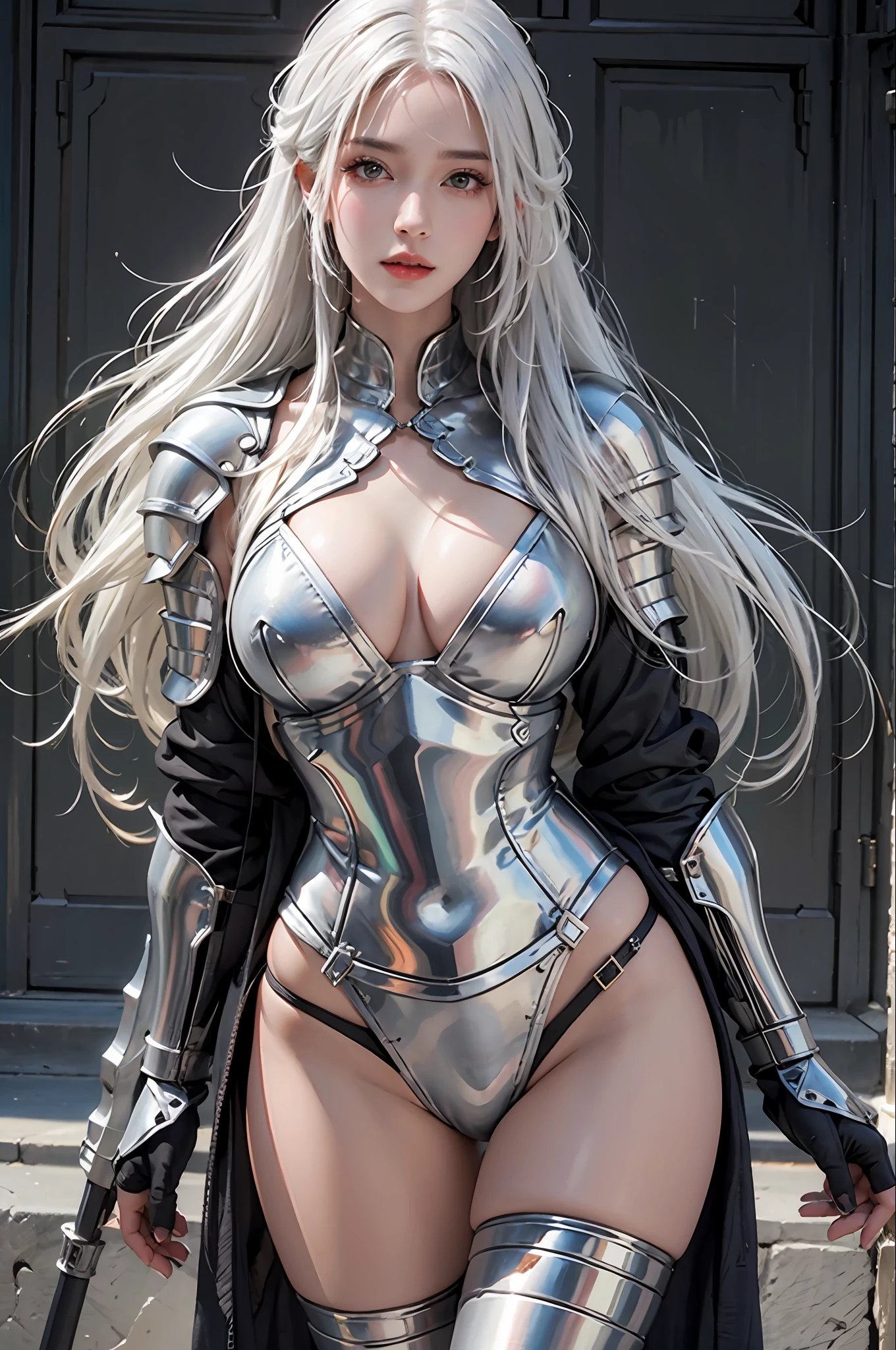 photorealistic, high resolution, 1women, solo,  up, look at viewer, (detailed face), white hair, long hair, knight armor