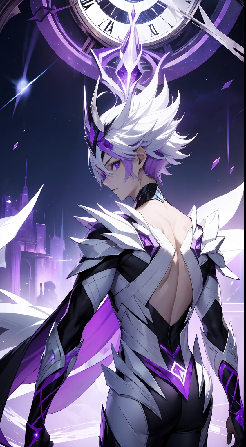 humanoid male creature with full white skin wearing purple sorcerer clothes and purple shards aura and back giant clock magic, purple shining eyes