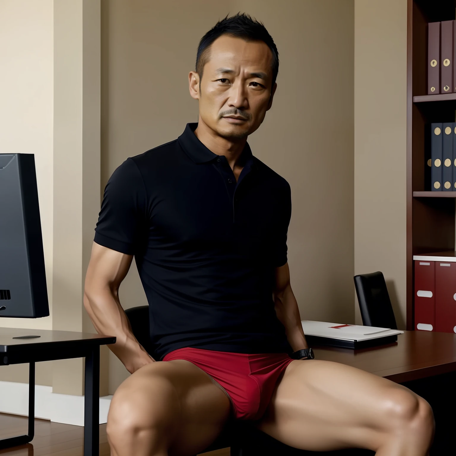 45 yers old，Hidetoshi Nakata，（Duan Yihong 1.3），Shirtless，Tong，agitated，office room，black long socks，Thin，musculature，lbeard，fortitude，artwork of a，tmasterpiece，k hd，Difficult moves，Red panties，Polo shirt