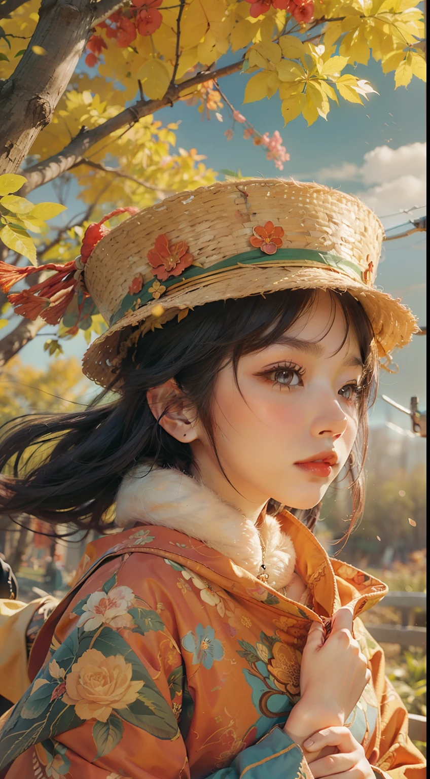 Take a photo of the grain in early autumn, Chinese solar terms, Gradient background,, A new revival of all things, Girl hairy tree, in a hat in the distance,Light sense,, Rich, Saturated colors, Exquisite details, Exaggerated technology, Flat illustration, victo ngai style, China-style, 16k,Close-up