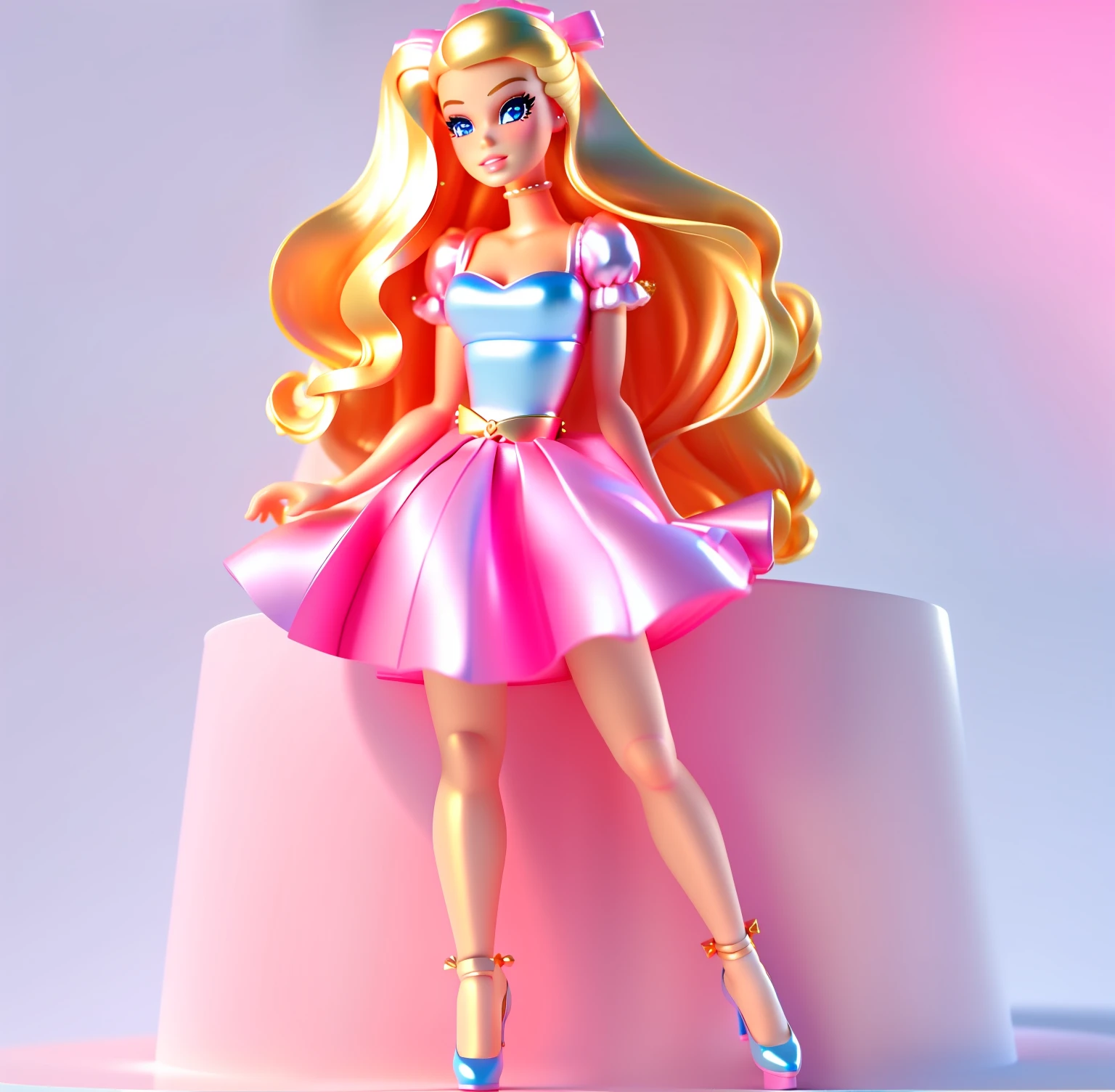 Barbie Girl，golden hair，pink bows，Blue Tops，pinkskirt，white Heels