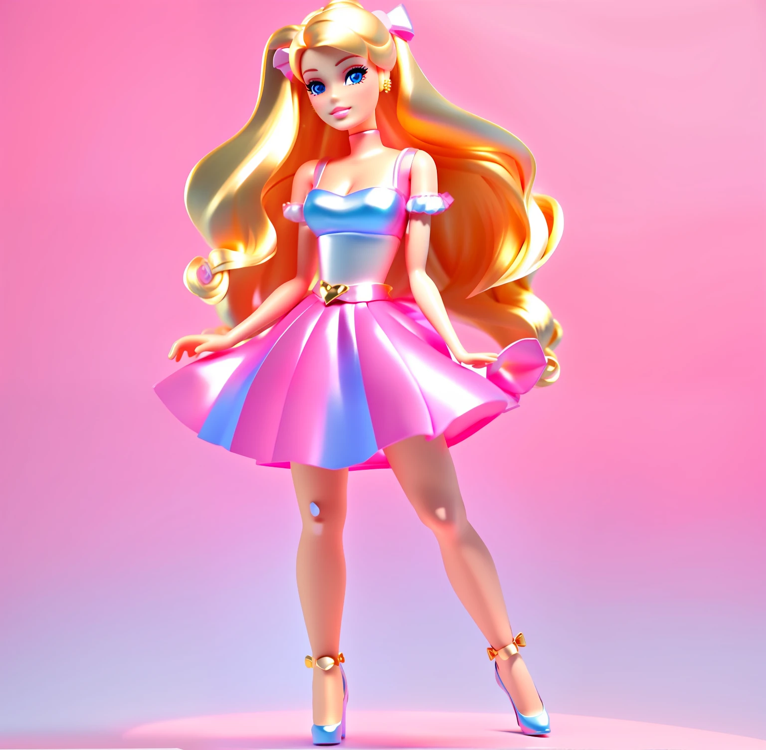 Barbie Girl,golden hair,pink bows,Blue Tops,pinkskirt,white Heels
