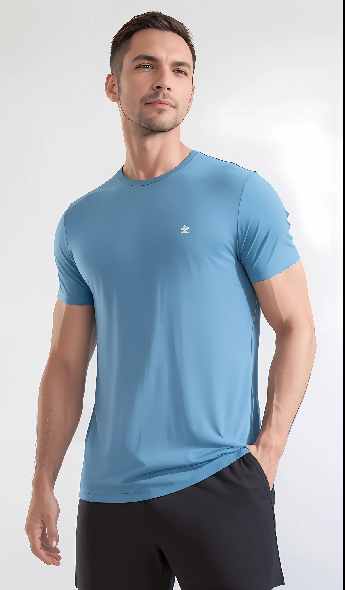 um homem de camisa azul e bermuda preta posando para uma foto, tshirt azul apertada, vestindo uma camisa azul clara, vestindo uma camiseta, vestindo uma camiseta muscular, camisa azul, vestindo bermuda e camiseta, vestindo uma camisa clara, vestindo camiseta e combates, vestindo camisa apertada, T - Camisa, camiseta