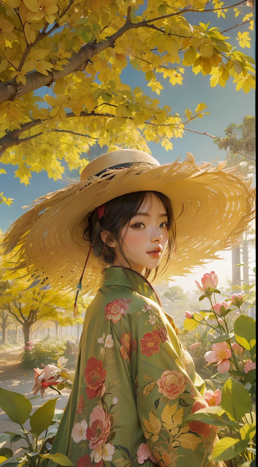 Take a photo of the grain in early autumn, Chinese solar terms, Gradient background,, A new revival of all things, Girl hairy tree, Little girl in a hat in the distance,Light sense,, Rich, Saturated colors, Exquisite details, Exaggerated technology, Flat illustration, victo ngai style, China-style, 16k,Close-up