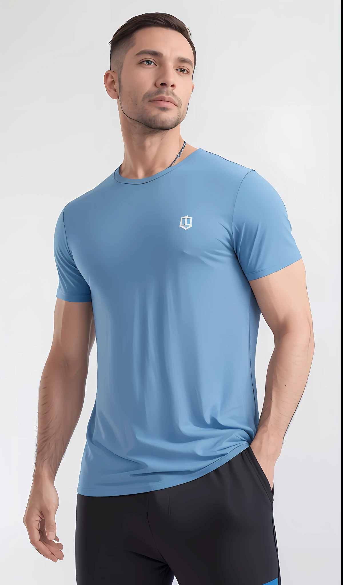um homem de camisa azul e bermuda preta posando para uma foto, tshirt azul apertada, vestindo uma camisa azul clara, vestindo uma camiseta, vestindo uma camiseta muscular, camisa azul, vestindo bermuda e camiseta, vestindo uma camisa clara, vestindo camiseta e combates, vestindo camisa apertada, T - Camisa, camiseta