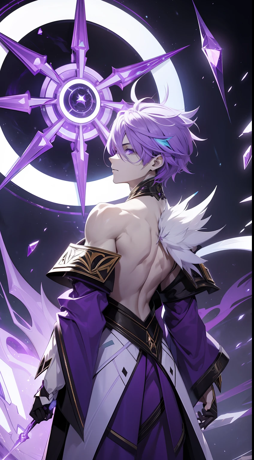 humanoid male creature with full white skin wearing purple sorcerer clothes purple short hair and purple shards aura and back giant clock magic and full purple shining eyes