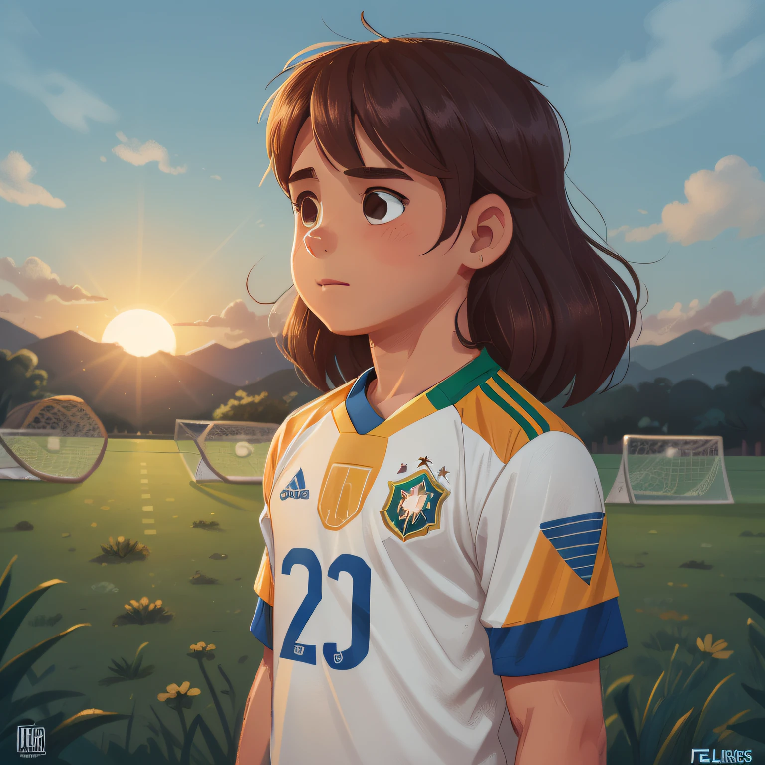 menino de 9 anos, cabelos castanhos curtos e estilosos, olhos castanhos, de perfil lateral, (de corpo inteiro), olhando o horizinte sobre as montanhas no por do sol, felis e contente, hopeful, lindo horizonte no por do sol, estilo disney pixar, 8k, uhd, menino de cabelos curtos e estilosos, camisa de futebol (soccer) Brazilian National Team
