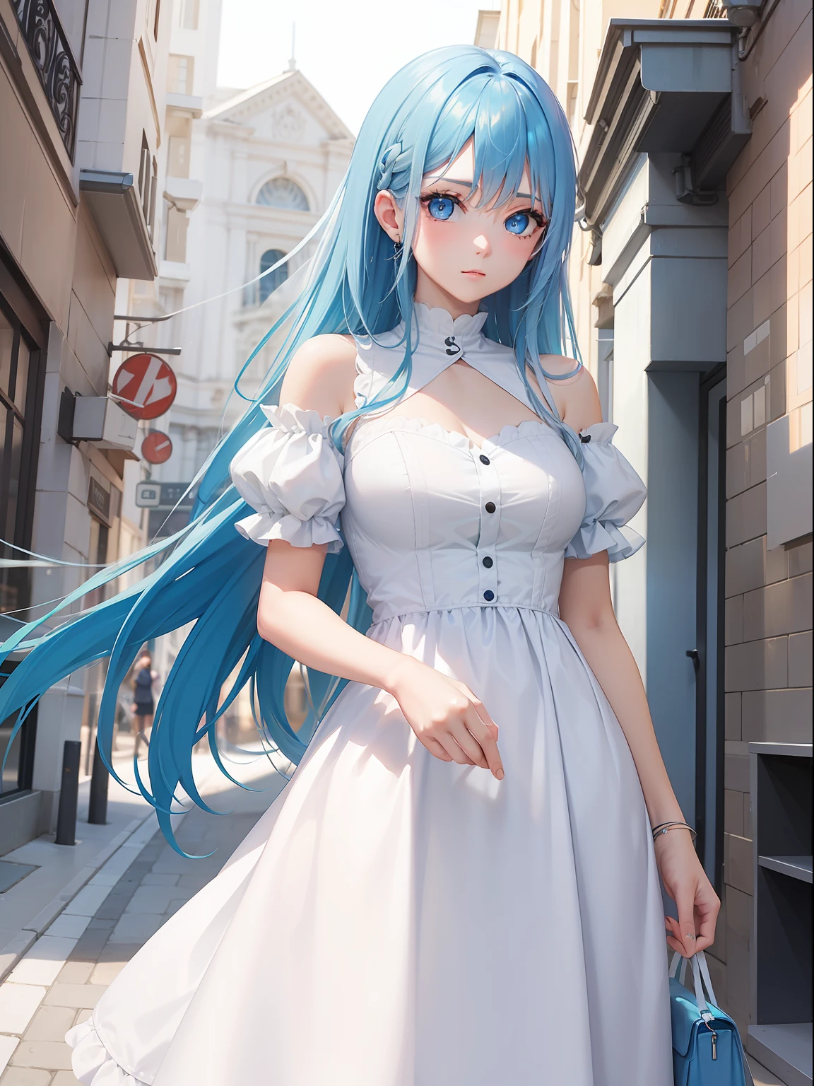 a women, blue hair, blue eyes, white dress