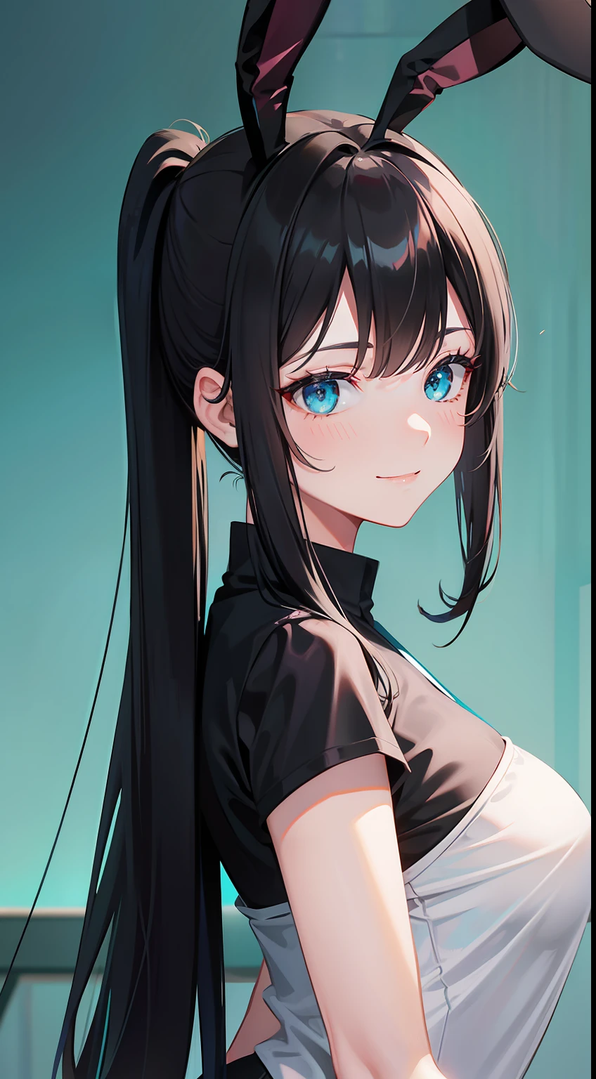 Adult woman, Long black hair, high ponytail, bunny ears, turquoise eyes, Black tight top, ssmile, Masterpiece, hiquality