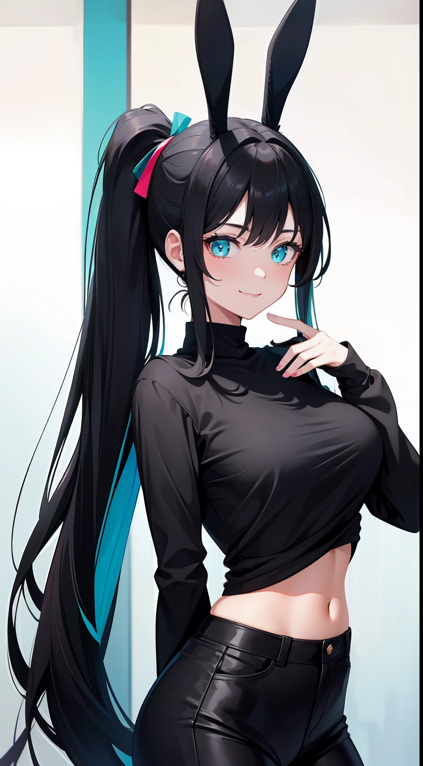 Adult woman, Long black hair, high ponytail, bunny ears, turquoise eyes, Black tight top, ssmile, Masterpiece, hiquality