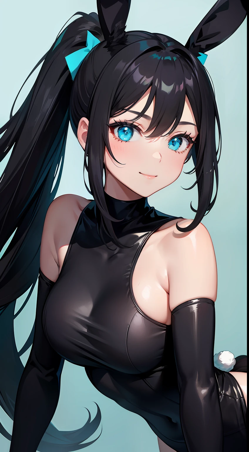 Adult woman, Long black hair, high ponytail, bunny ears, turquoise eyes, Black tight top, ssmile, Masterpiece, hiquality