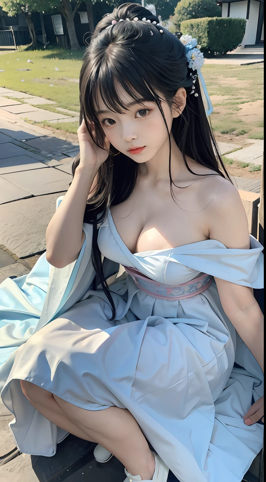Master quality, highest quality, best picture quality, exaggerated details, a cute 8 year old asian little girl with a shy expression, slightly squinted eyes in a blue dress posing for a picture, japanese goddess, oriental fantasy, asian hyperdetailed, taken in 2 0 2 0, Middle metaverse, sakimichan, 4 k post, 4k post, shikamimi, asian girl, full body xianxia, traditional beauty, japanese, open v chest clothes, a shy expression, slightly squinted eyes, adjusting her hair, long eyelashes (long hair / very, very exaggerated big breasts, big tits / in hanfu petticoat dress tissue,