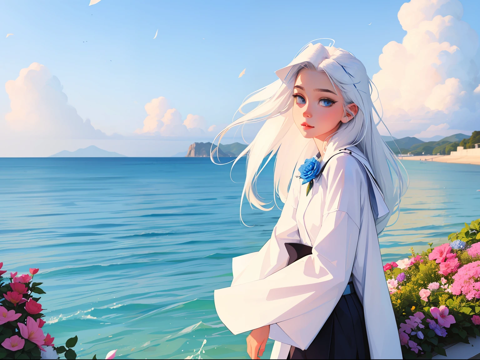 (picture quality is high)+(Cute girl)+(White hair and blue eyes)+(Wear a uniform)+(perfect bodies)+(flower sea)+(eventide)