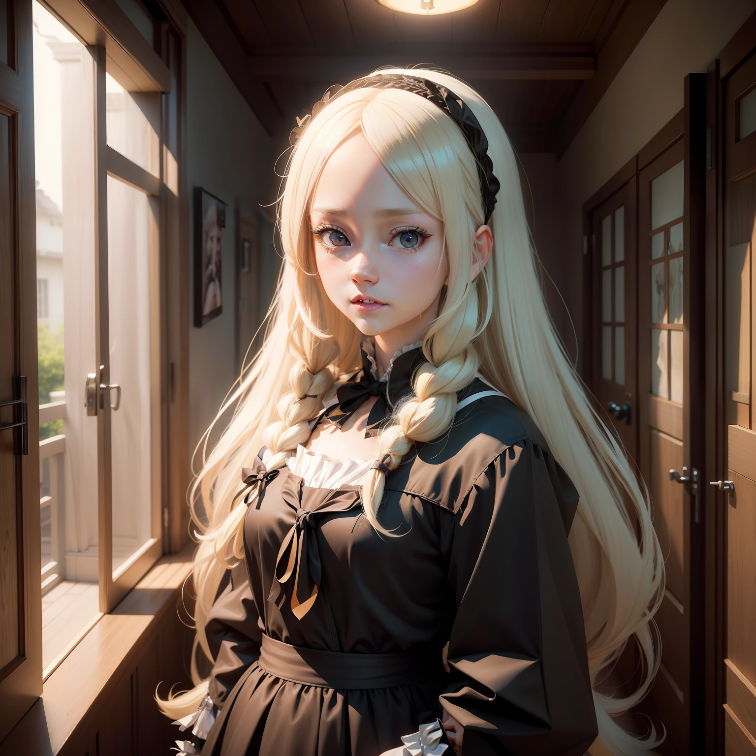 Blonde haired girl，Long white hair and headband standing in the hallway, Realistic anime 3 D style, Guviz-style artwork, Anime girl in real life, anime girl in a maid costume, hyper realistic anime, Realistic young anime girl, Portrait of an anime girl, anime realism style, Photorealistic anime, 3 d anime realistic, Anime girl cosplay