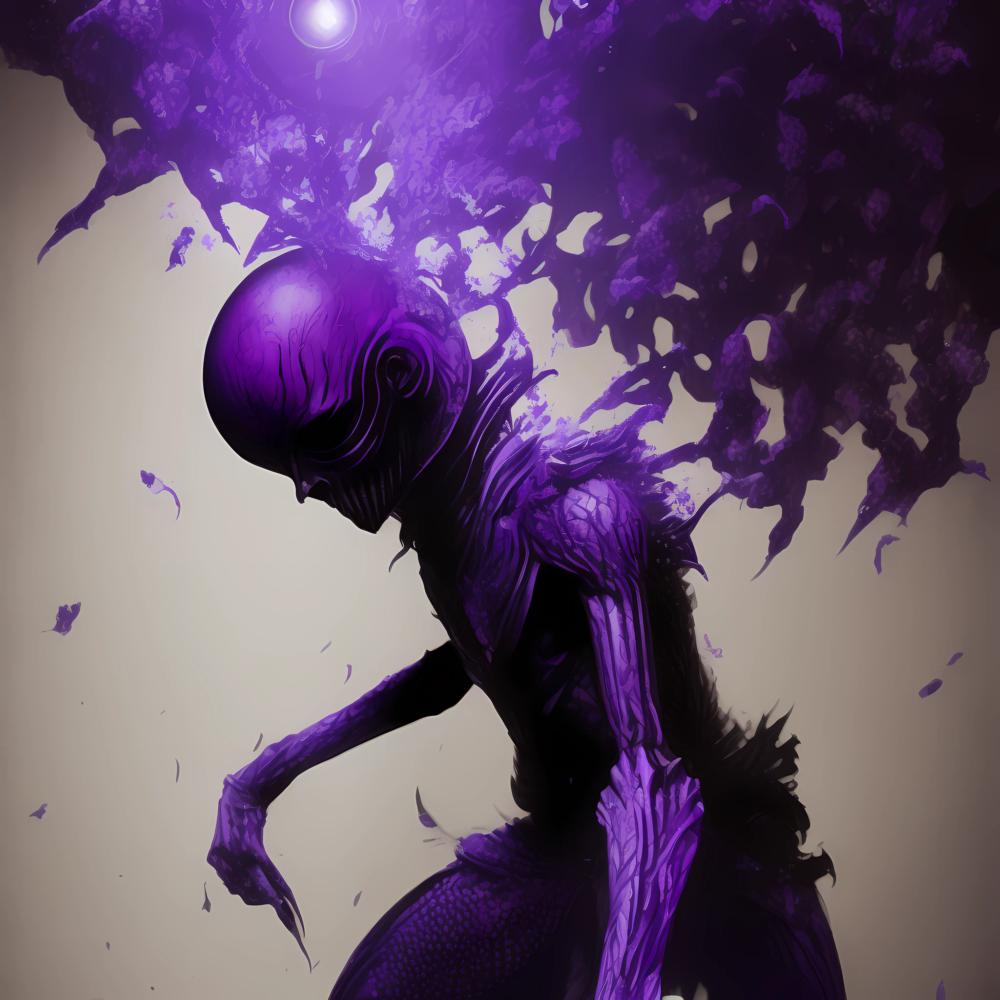 half-human alien with pieces of his body corrupted by purple-colored black magic