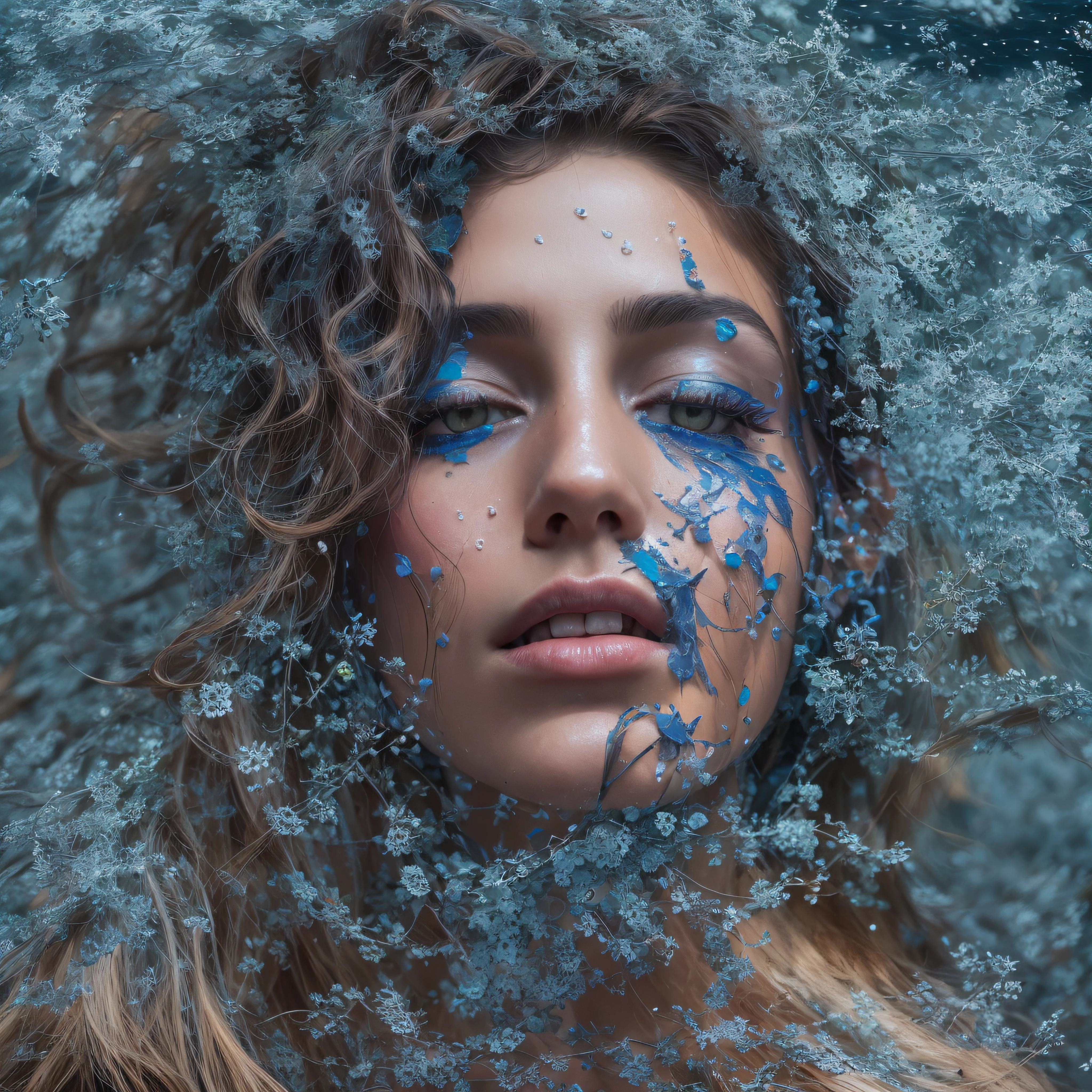 mujer, pelo negro, cara palida, labios gruesos azules, mirada fija y misteriosa, ojos color avellana, nariz italiana, pomulos resaltados, mejillas coloreadas, pelo transformandose en agua, corriendo por el cuerpo, colores realista, fotografia realista, obra de arte conceptual, fotografia, reflex nikon, exposicion rapida