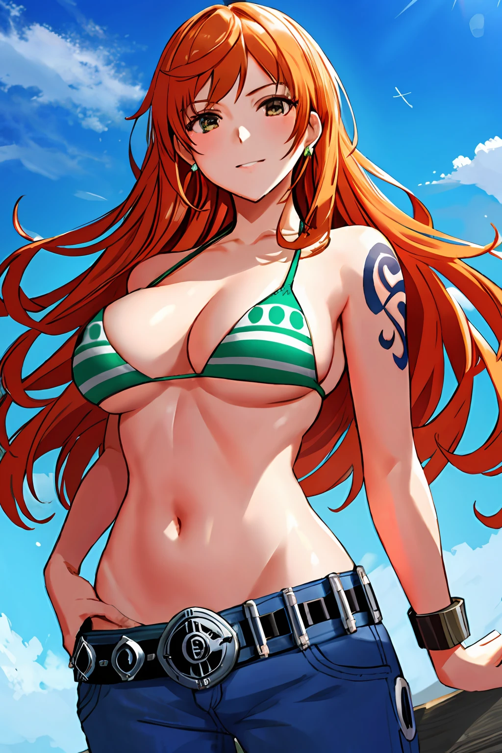 detailed background, masterpiece, 4k, epic, best quality, late youth, adult, milf, athlete body, 1girl, active, energic, ((wide open mouth, smile, lying on the ground, fully lying down, open eyes, hands spread sideway)) , solo, nami \(one piece\), 1girl, bangle, (very missy hair, tired, open mouth, feeling hot, tilting head, both hands spreadeagled, serious, hurt, glaring, open eyes, looking up, perfect detailed face, round face) bold drawing lines, muscular arms, detailed bold arm lines, flat jaw, adult woman, (wavy wide streaked bangs, floating bang, long left bangs ) (big cheeks), bare shoulders, off-shoulders, belt, bikini, bikini top only, blue sky, bracelet, springy breasts, breast lines, big round eyes, very big brown shiny eyes, bubbles, high eye position, cleavage, cloud, day, denim, earrings, floating hair, wavy hair, shiny hair, green belt, green bikini, bold groin lines, long jeans, jewelry, medium breasts, log pose, long hair, looking at viewer, long navel, wet hair, orange hair, pants, shoulder tattoo, sidelocks, sky, solo, stomach, swimsuit, tattoo, detailed left arm, big forehead, hourglass figure, small head, toned body, wide hair, wind effect, sun effect, under the sun, narrow small ears angle, older, straight shot, water splashes