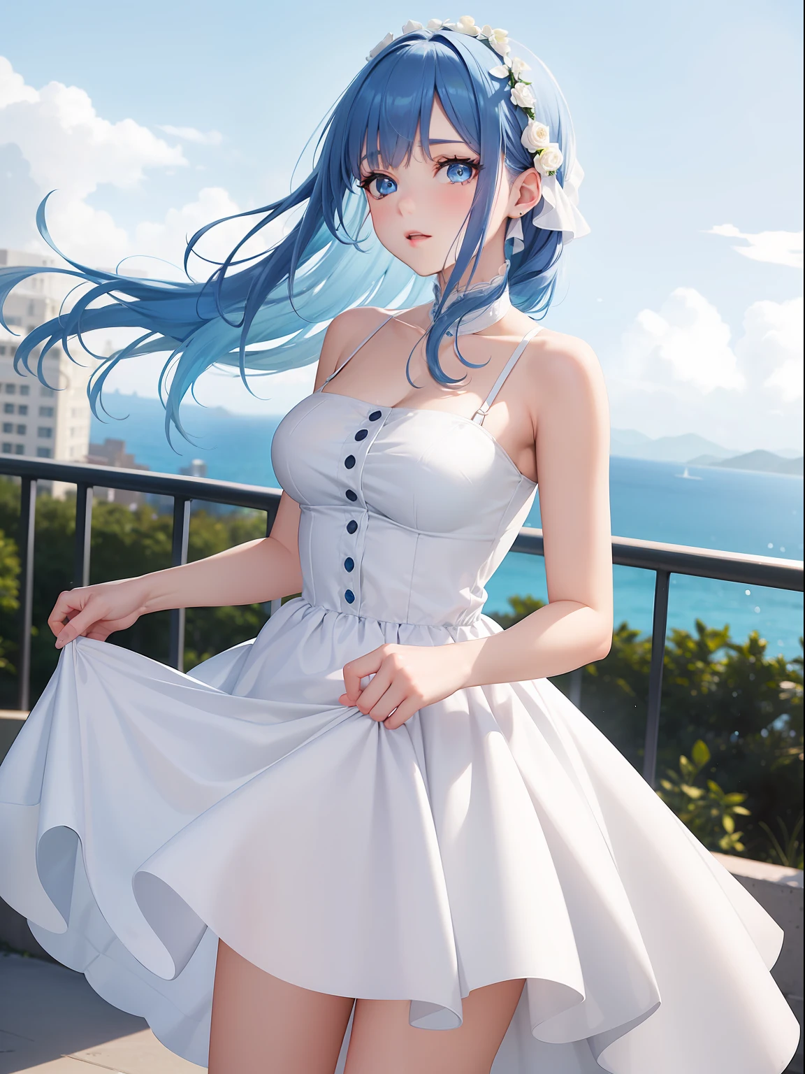 a women, blue hair, blue eyes, white dress