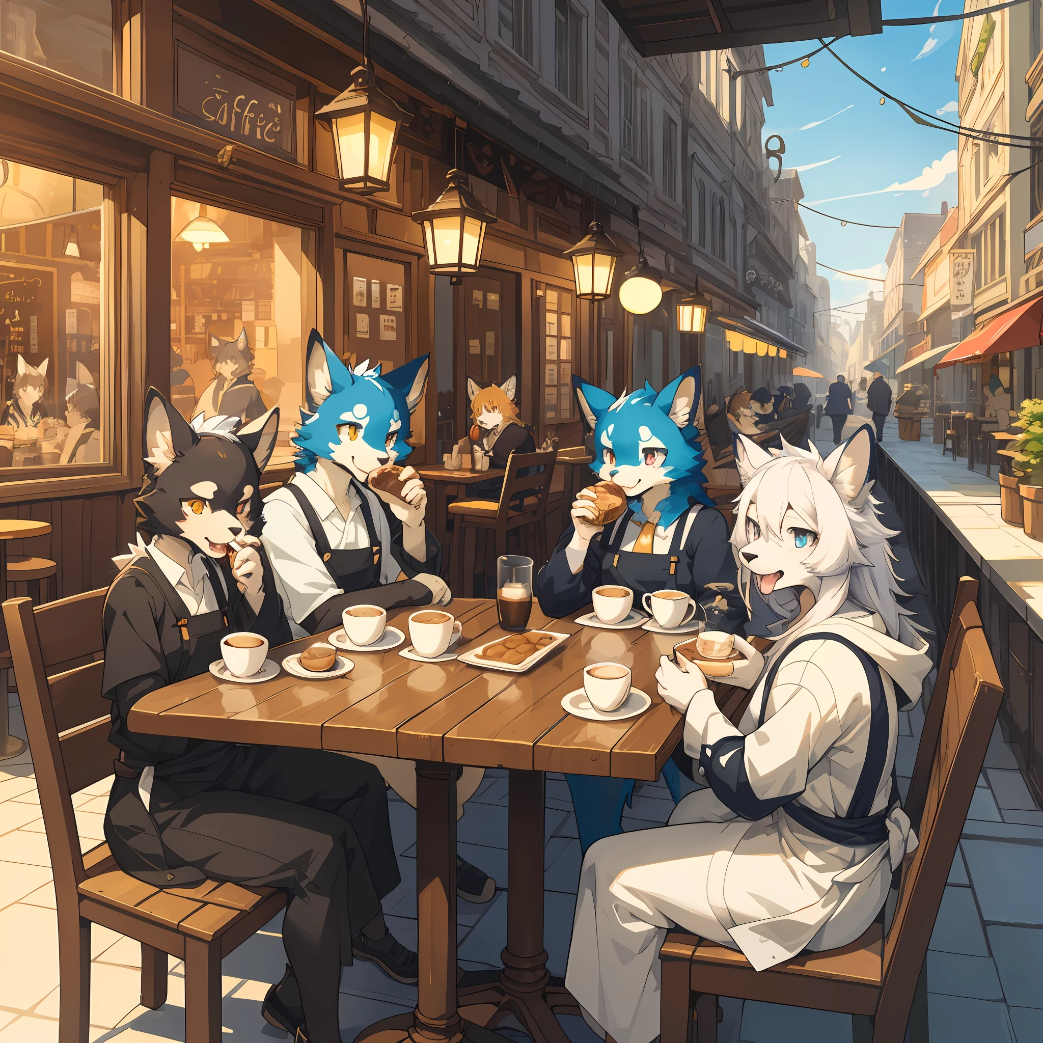 top quality, best quality, High-quality illustrations, masterpiece, super high resolution, detailed background, detailed background, cafe, Terrace, drink, eating, coffee, staff, 6+boys, 6+girls, absurdres(highly detailed beautiful face and eyes)perfect ???????, expression, good lighting, cinematic shadow(kemono, furry anthro),