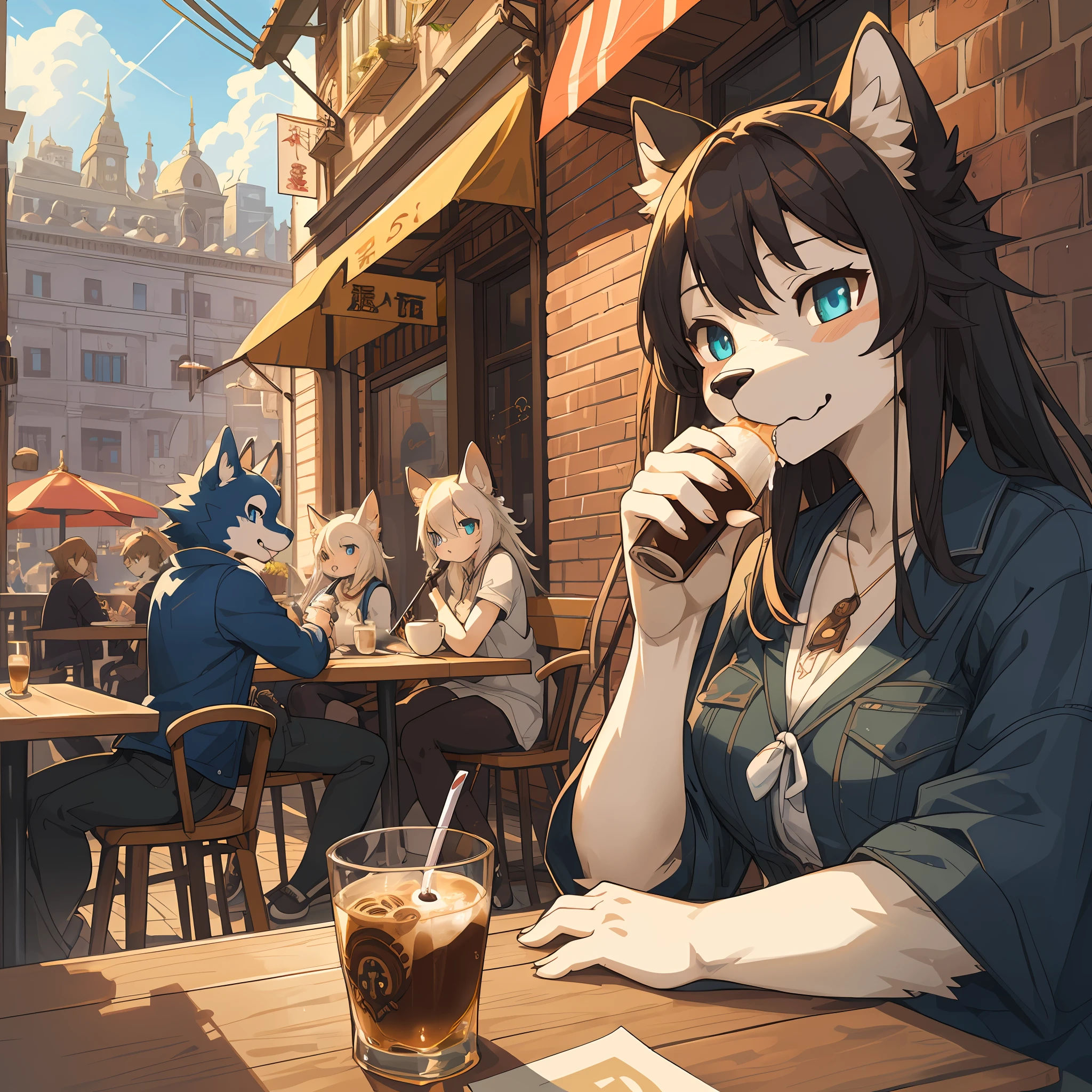 top quality, best quality, High-quality illustrations, masterpiece, super high resolution, detailed background, detailed background, cafe, Terrace, drink, eating, coffee, staff, 6+boys, 6+girls, absurdres(highly detailed beautiful face and eyes)perfect ???????, expression, good lighting, cinematic shadow(kemono, furry anthro),