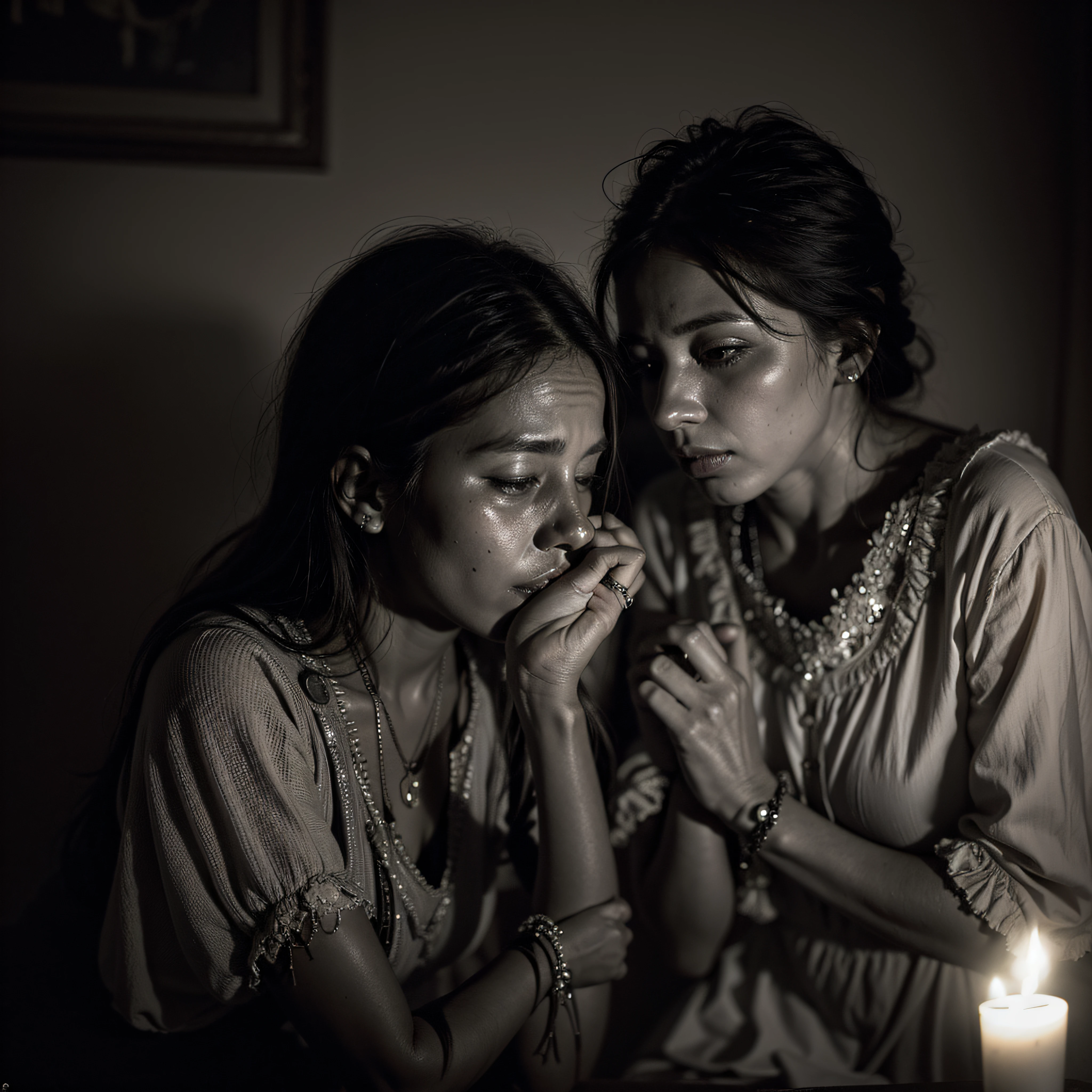 fotografia en clabe baja, dos mujeres llorando en la oscuridad